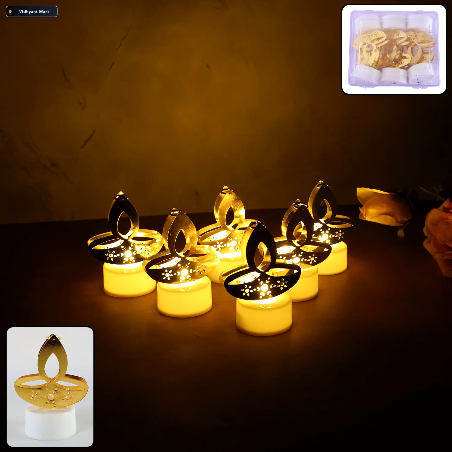Vidhyant Mart Golden Diya Led Tealight Candles Elegant Flameless 3