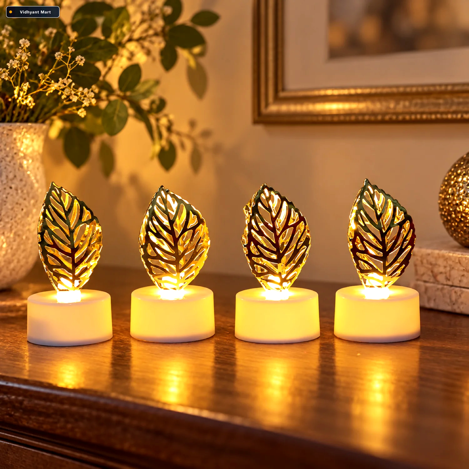 Vidhyant Mart Golden Leaf Led Candles Set Of 4 Flameless Decorat 1