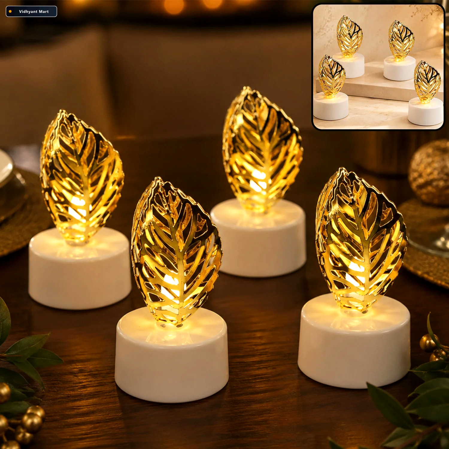 Vidhyant Mart Golden Leaf Led Candles Set Of 4 Flameless Decorat 2