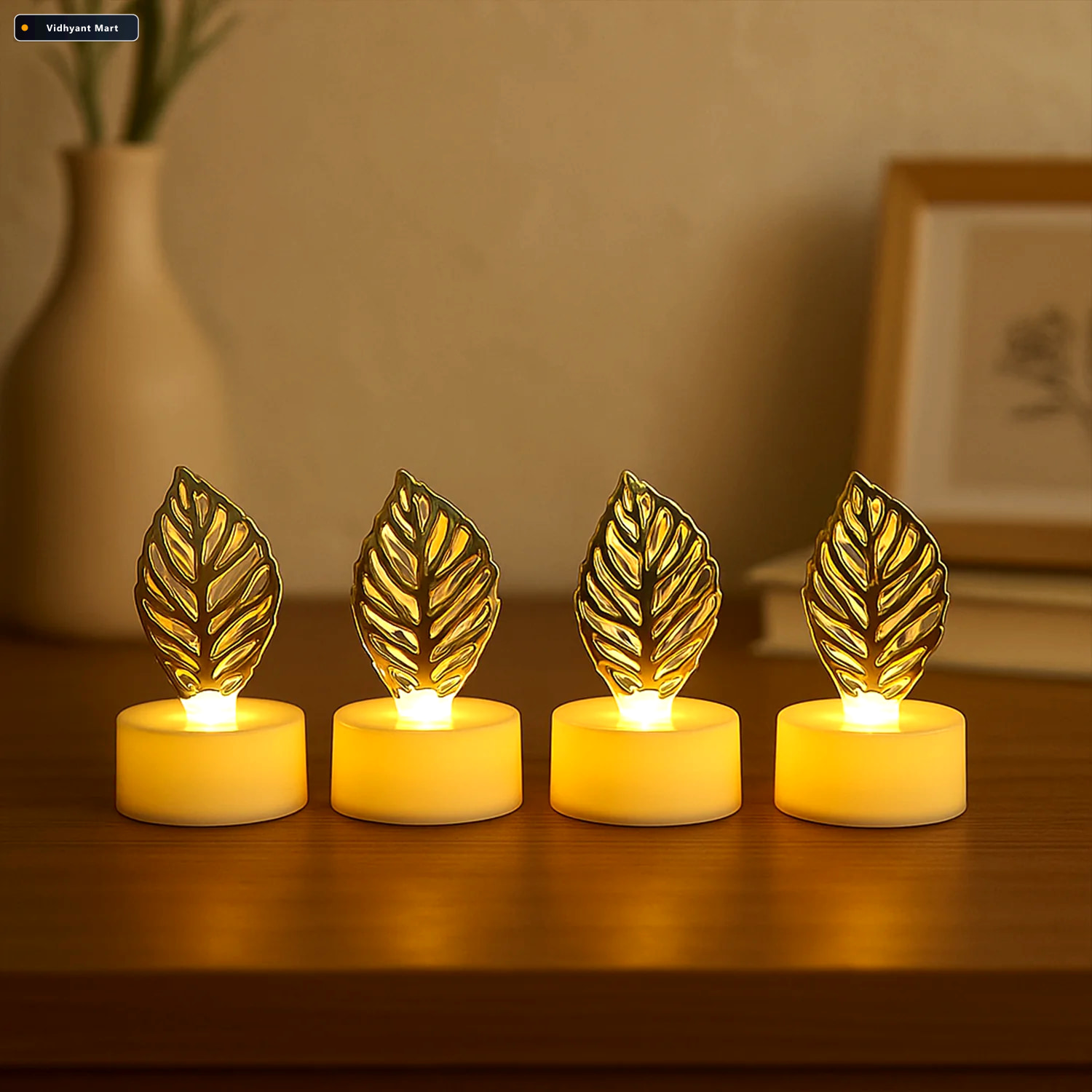 Vidhyant Mart Golden Leaf Led Candles Set Of 4 Flameless Decorat 4