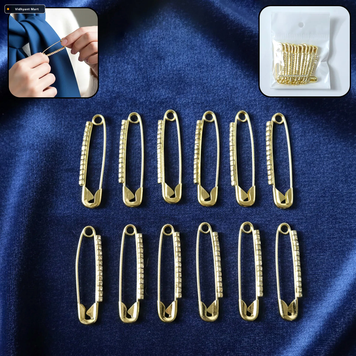 Vidhyant Mart Golden Safety Pin Brooch Set Elegant Stone Embedde 1