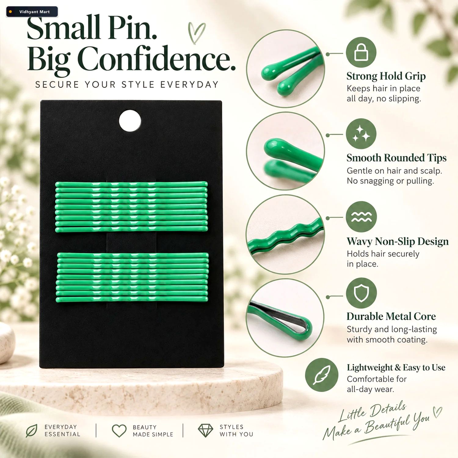 Vidhyant Mart Green Metal Bobby Pins Set For Women And Girls Hai 3