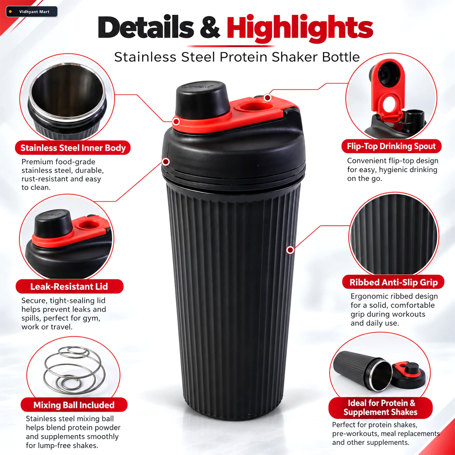 Vidhyant Mart Gym Protein Shaker Bottle With Mixing Ball And Fli 2