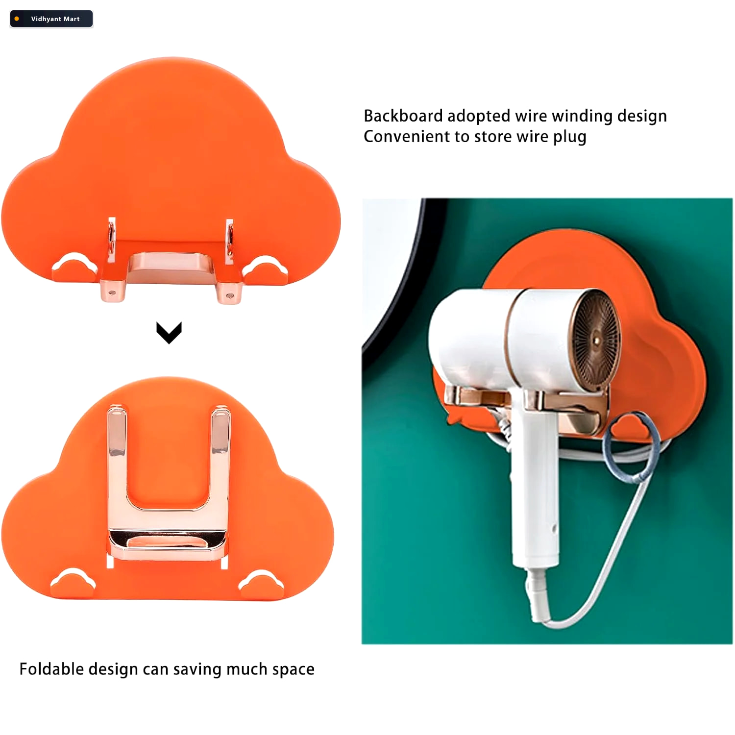 Vidhyant Mart Hair Dryer Holder Wall Mounted Foldable Stand Calm 4