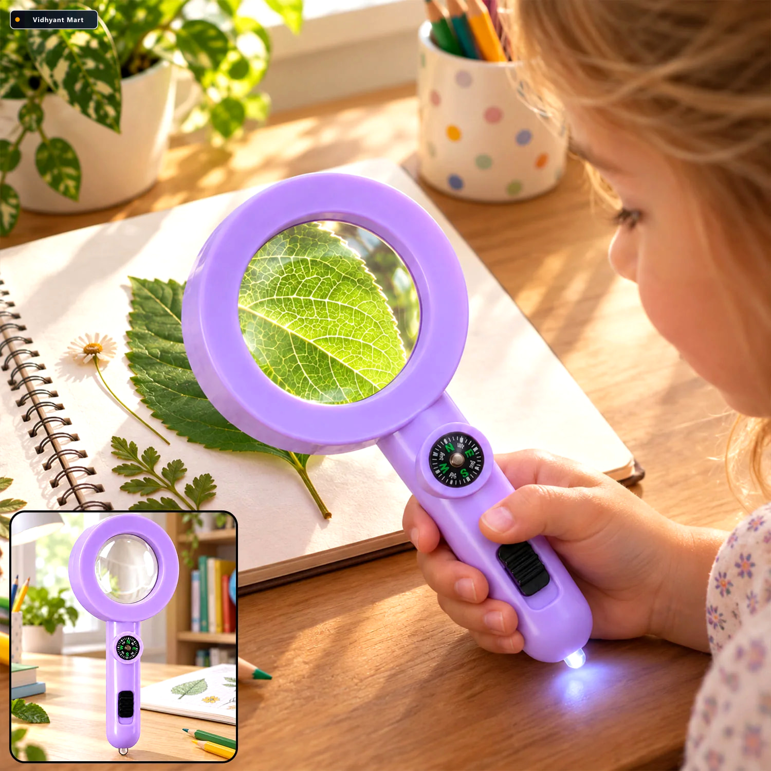 Vidhyant Mart Handheld Magnifying Glass With Led Light And Compa 1