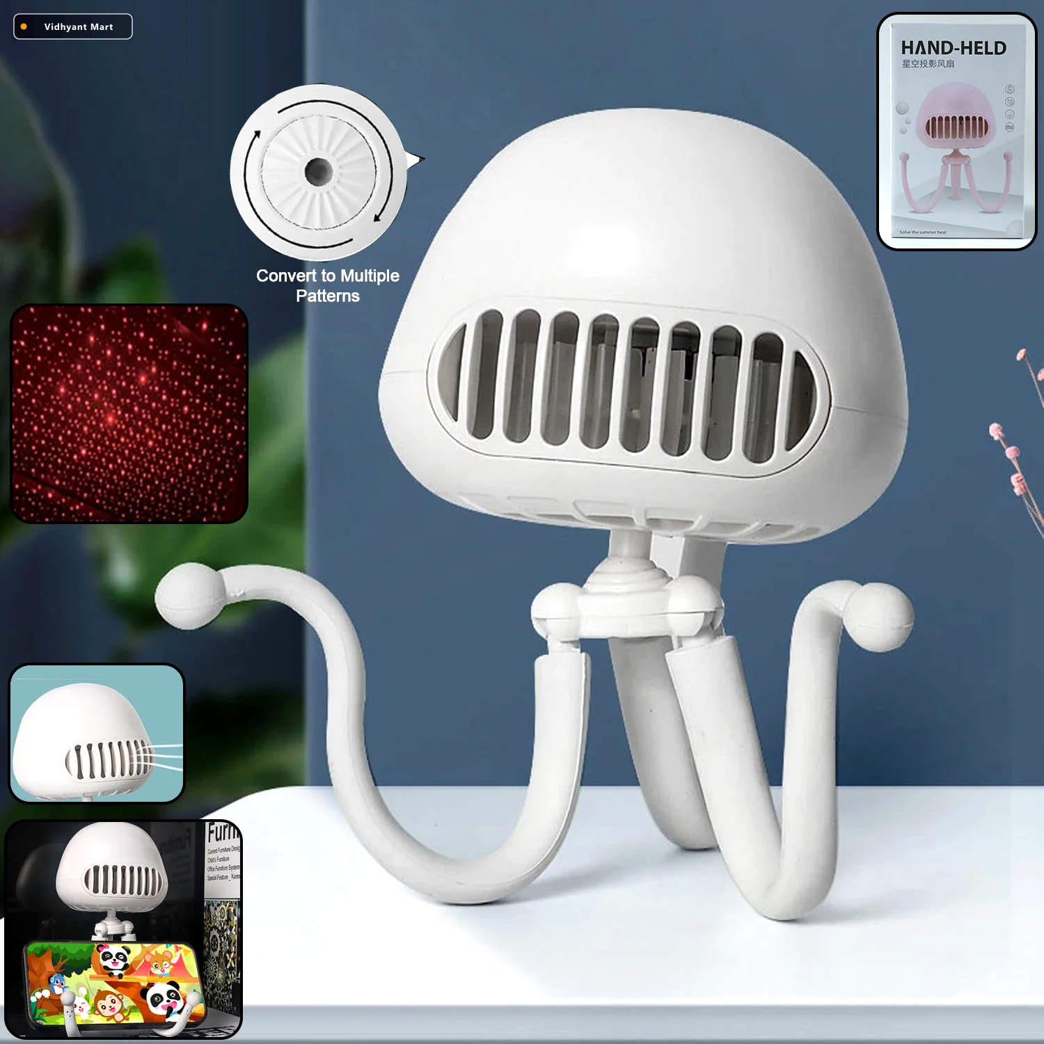 Vidhyant Mart Handheld Mini Fan With Led Star Projector Flexible 1