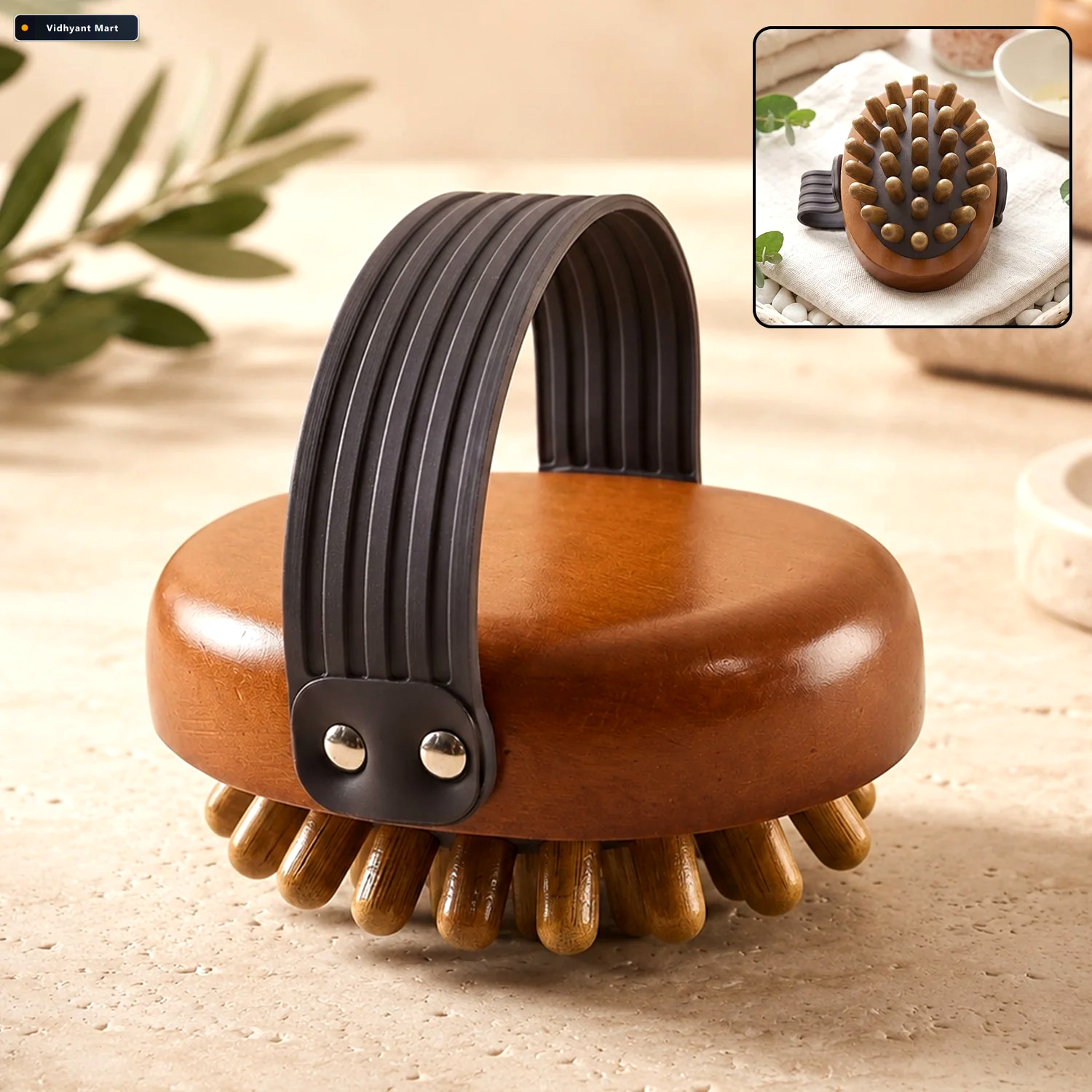 Vidhyant Mart Handheld Wooden Body Massager Brush With Hand Stra 1
