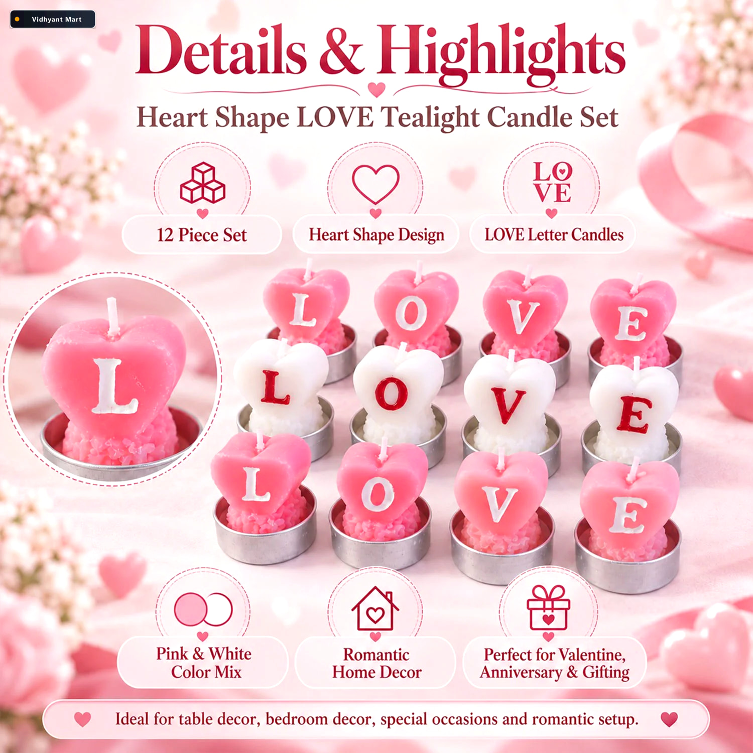 Vidhyant Mart Heart Shaped Love Tealight Candles For Romantic Ta 2