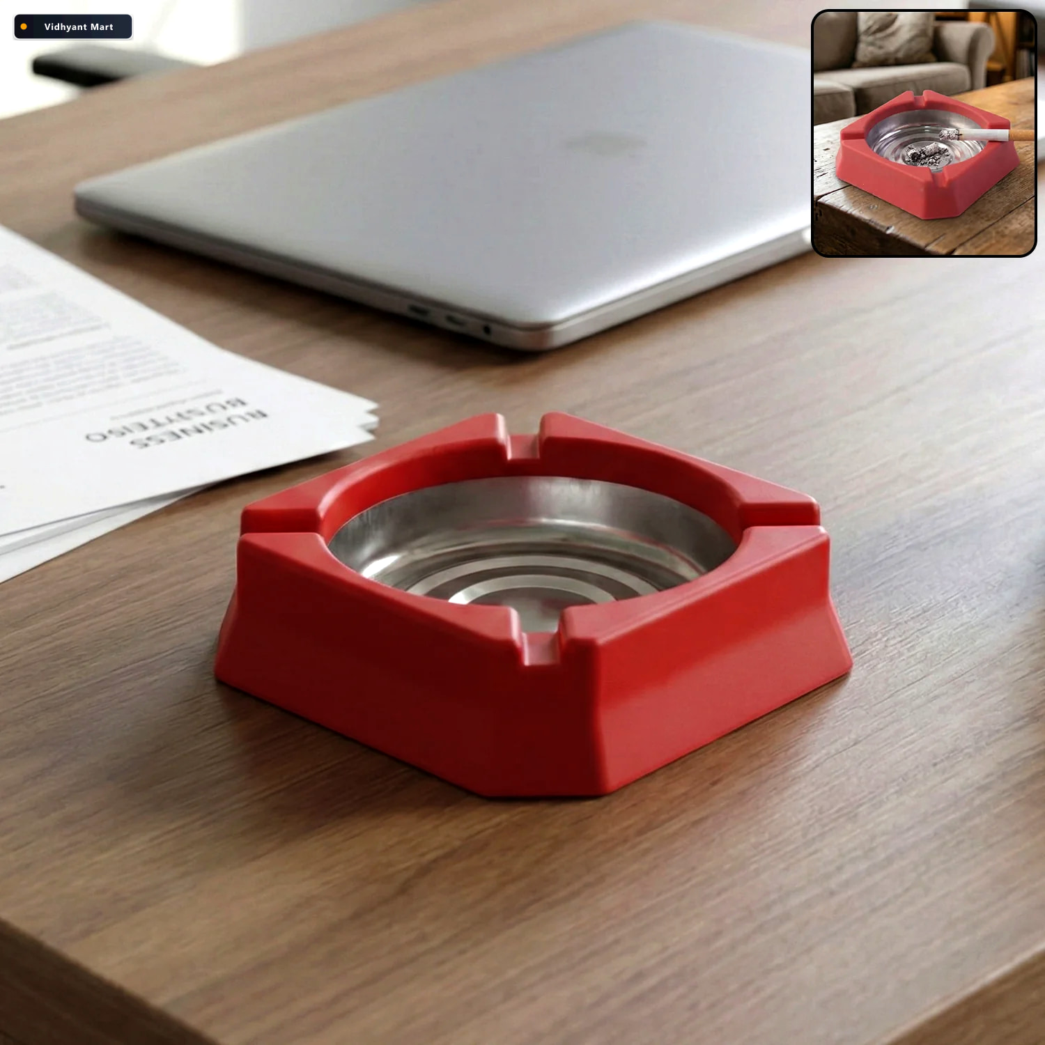 Vidhyant Mart Heat Resistant Ashtray Stainless Steel Inner Bowl 1