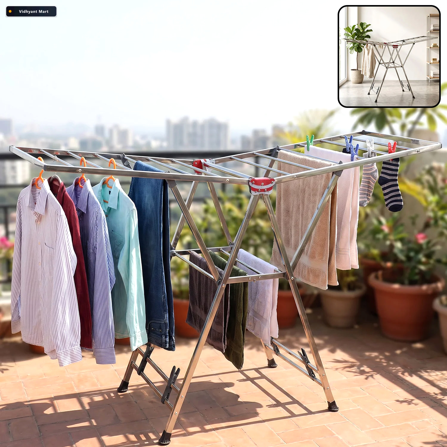 Vidhyant Mart Heavy Duty Foldable Clothes Drying Rack With Wings 1