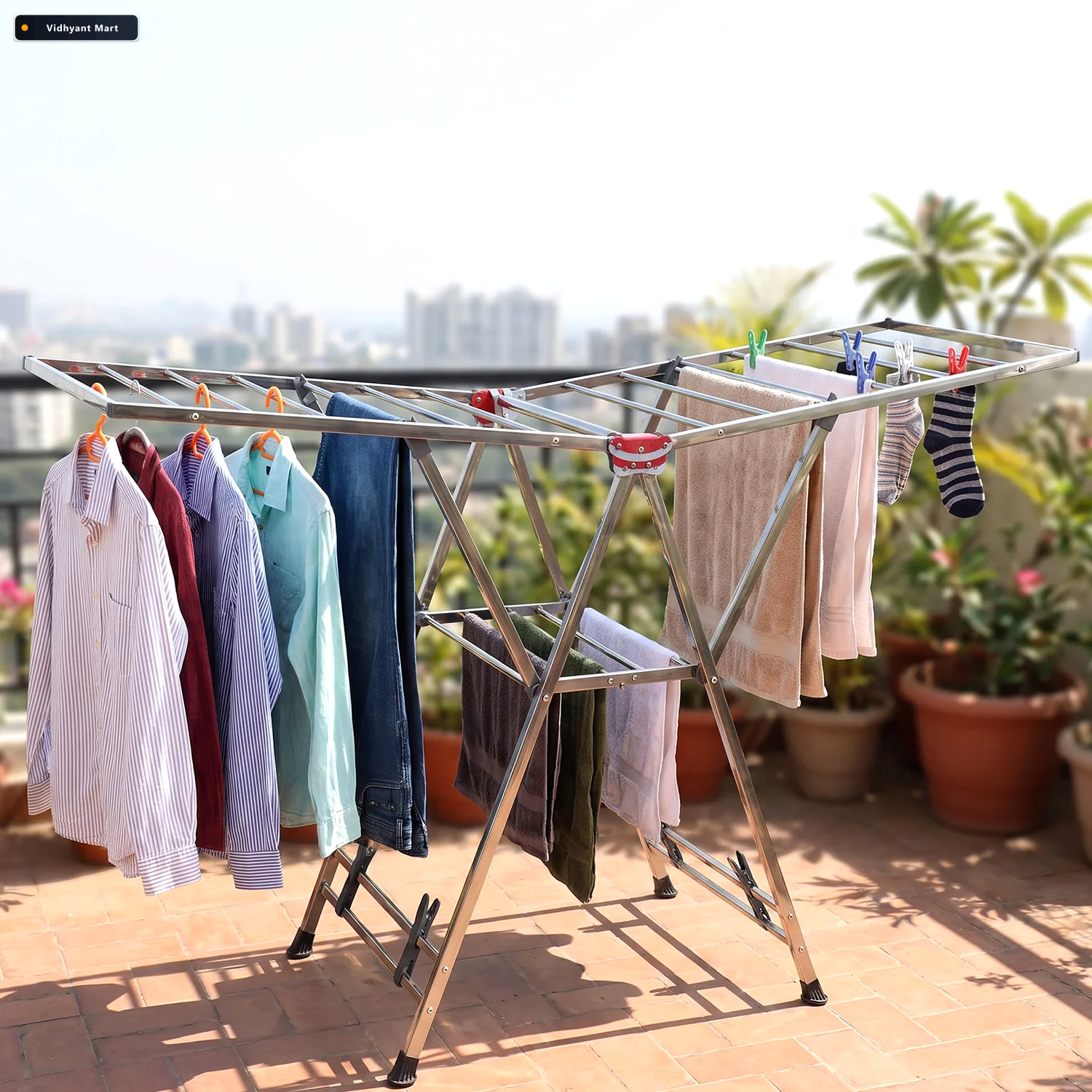 Vidhyant Mart Heavy Duty Foldable Clothes Drying Rack With Wings 2
