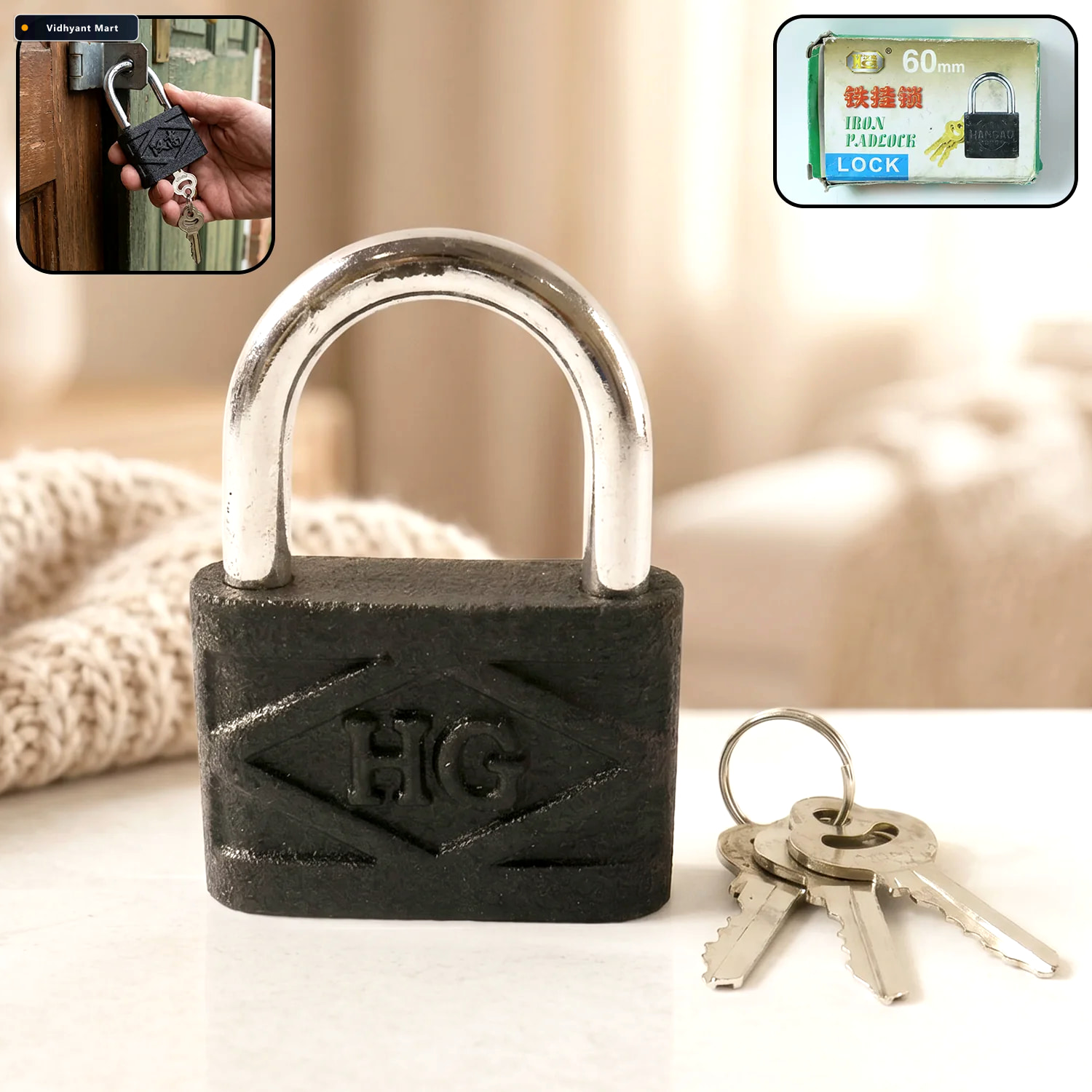 Vidhyant Mart Heavy Duty Padlock 60mm Iron Lock With 3 Keys Auto 1