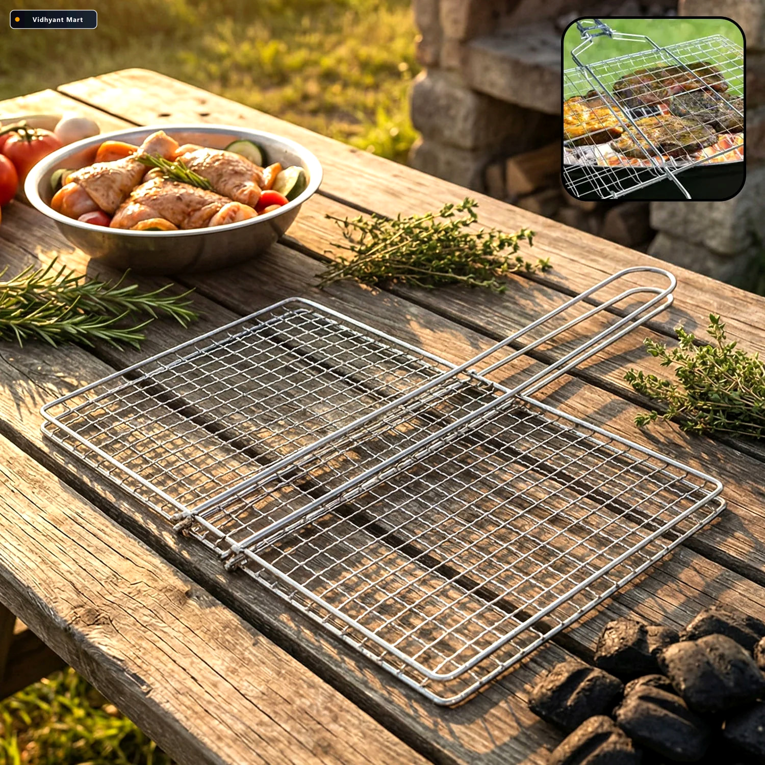 Vidhyant Mart Heavy Duty Stainless Steel Bbq Grill Basket Long H 1