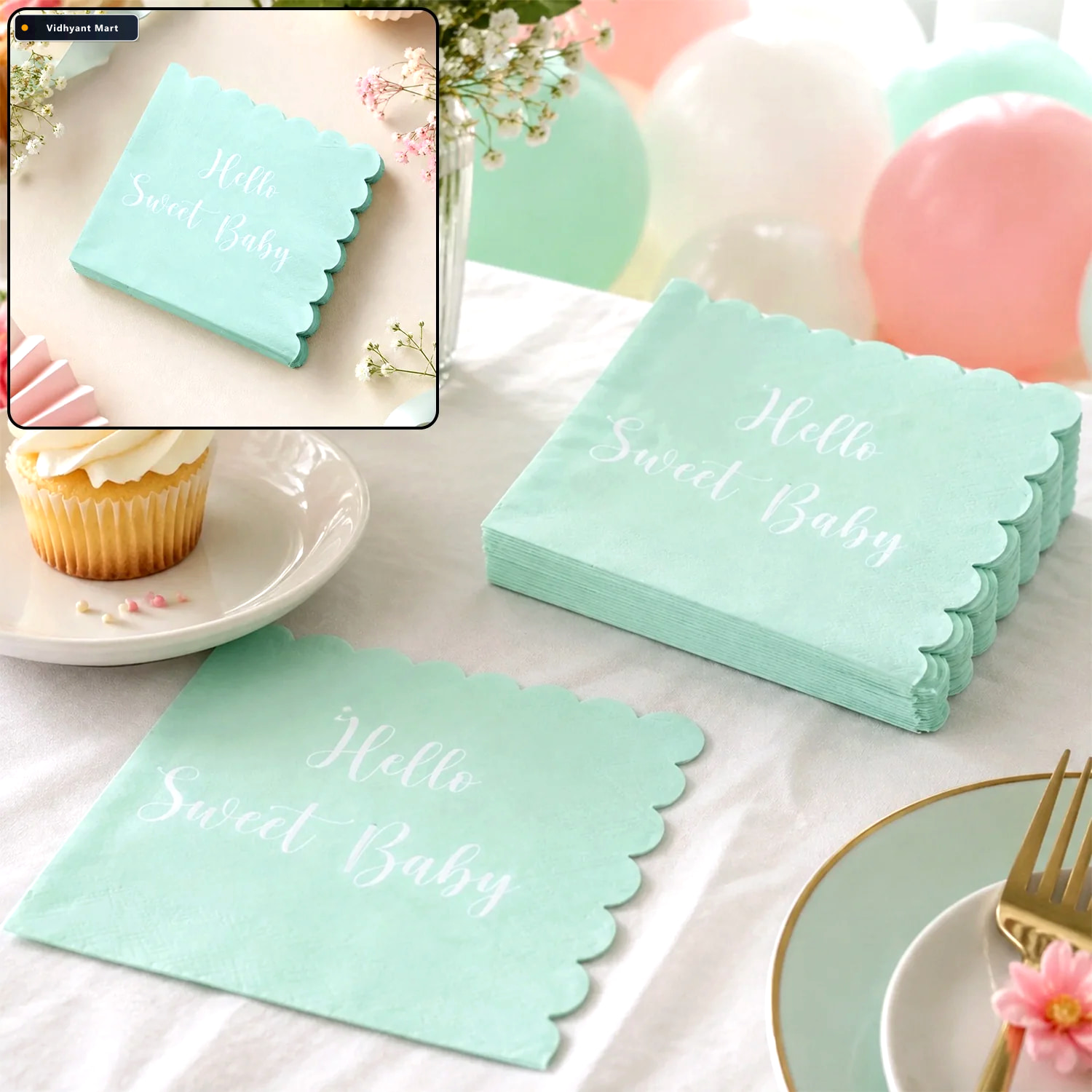 Vidhyant Mart Hello Sweet Baby Party Paper Napkins Soft Mint Gre 1