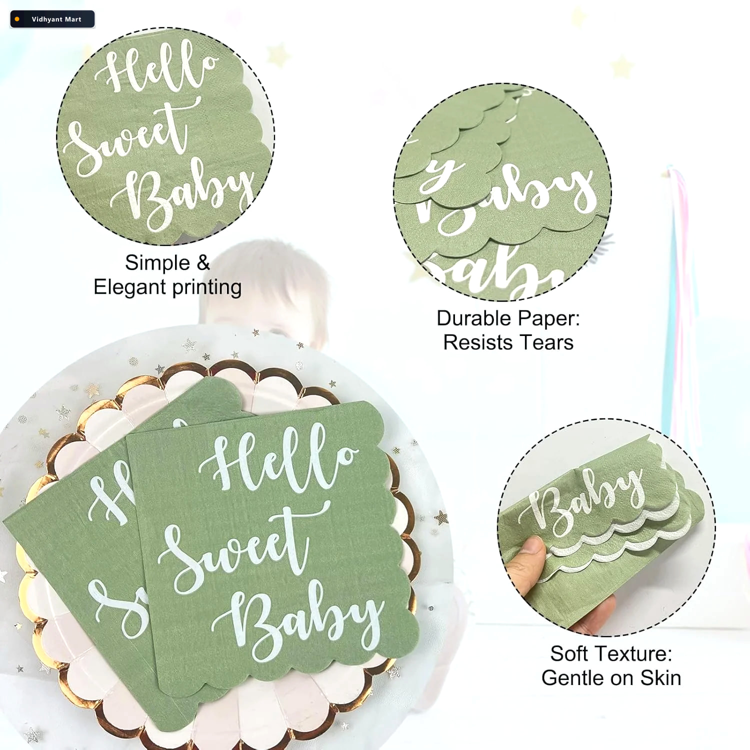 Vidhyant Mart Hello Sweet Baby Party Paper Napkins Soft Mint Gre 2
