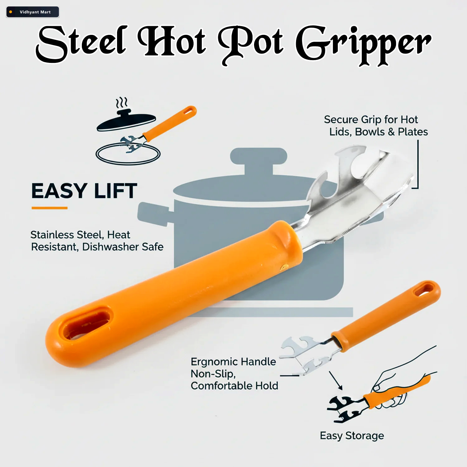 Vidhyant Mart Hot Pot Gripper Stainless Steel Pan Lifter With Er 3