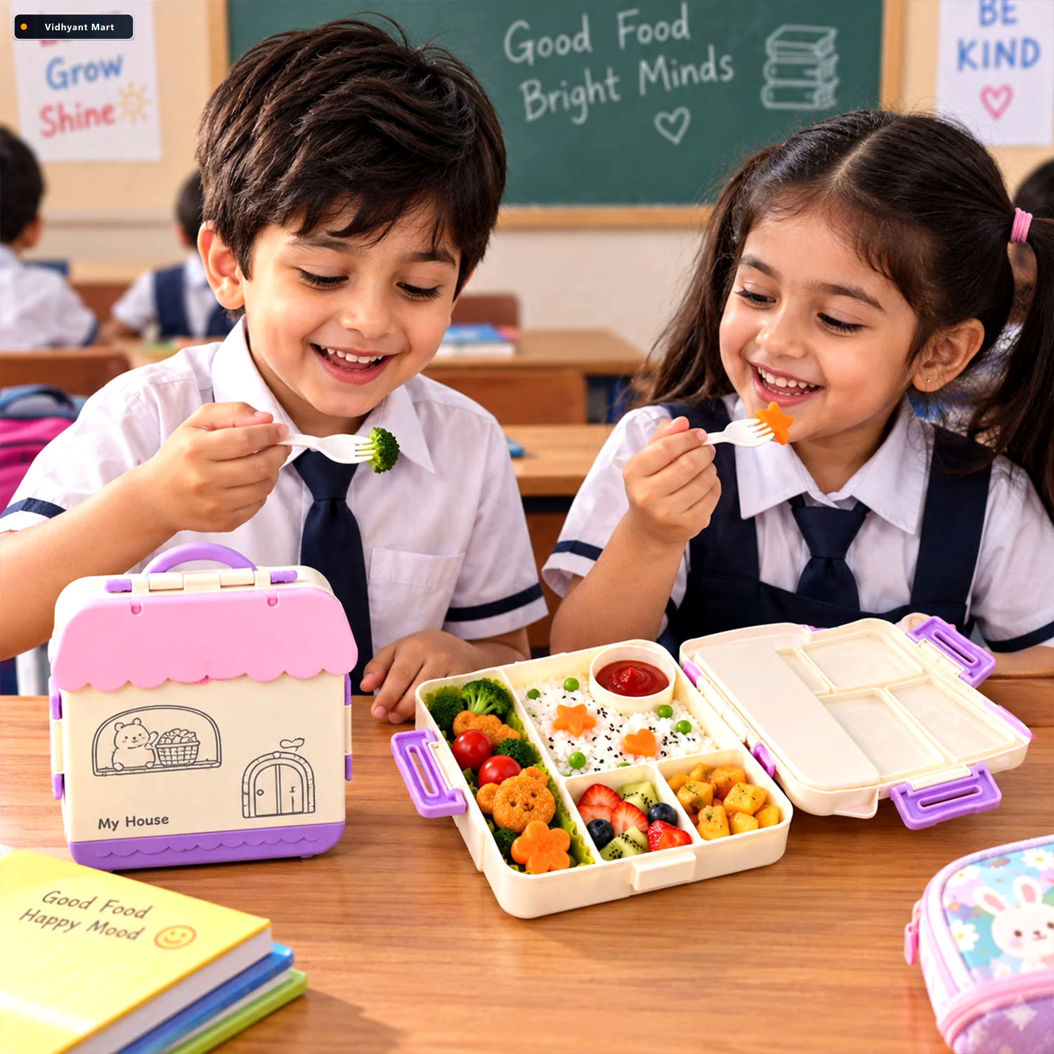Vidhyant Mart House Shape Plastic Kids Lunch Box With Handle And 1