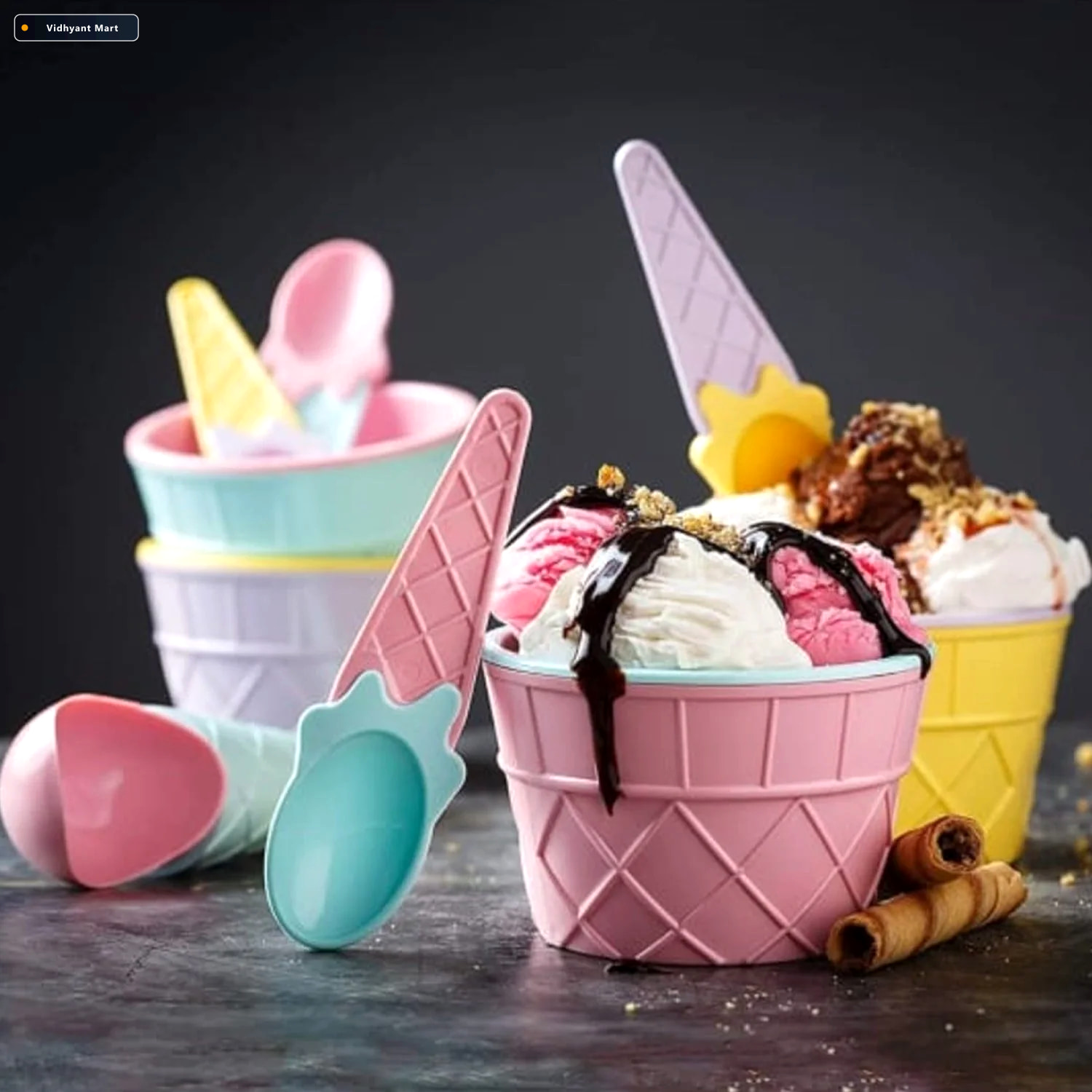 Vidhyant Mart Ice Cream Bowl Set 6 Pc Waffle Spoon Lunchie Bunch 1
