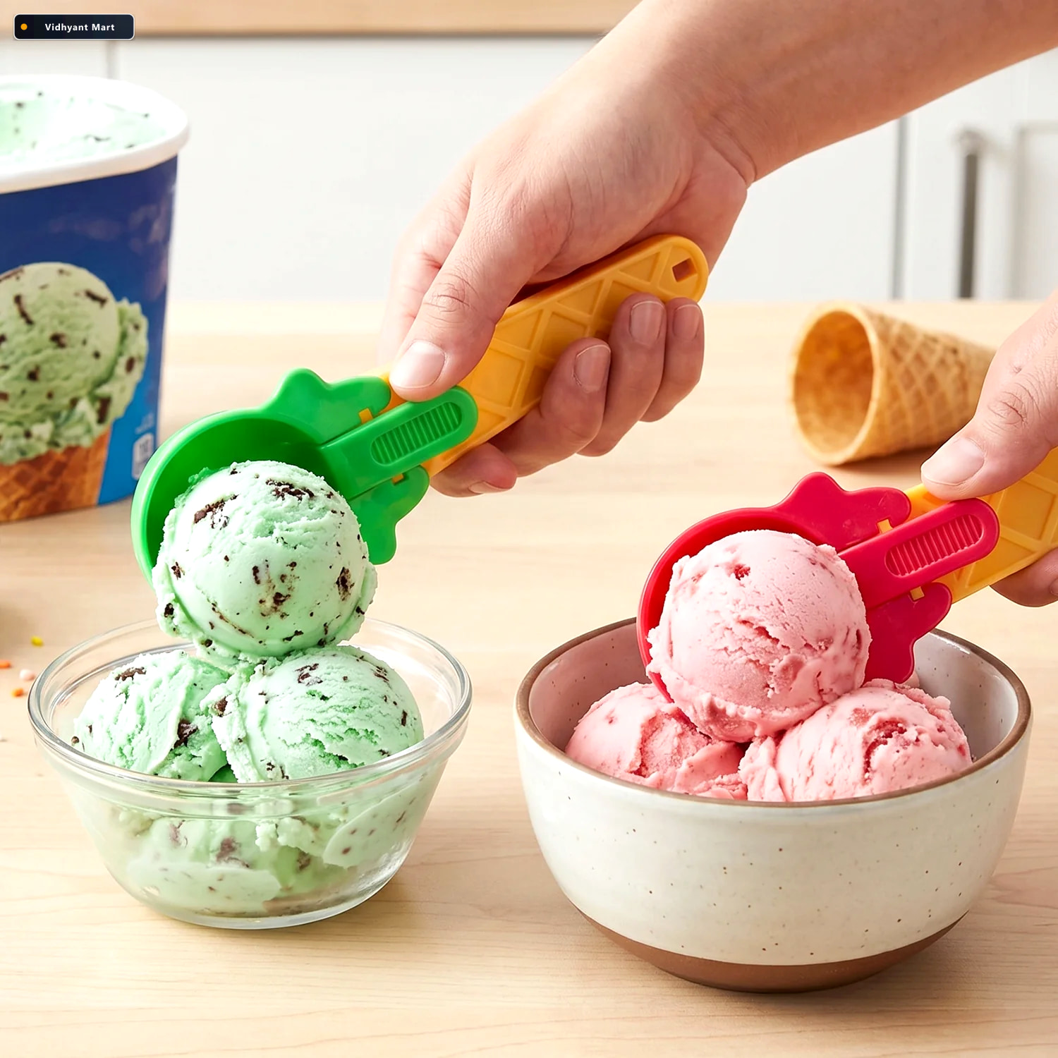 Vidhyant Mart Ice Cream Scoop Set Easy Release 2 Pc Plastic Quic 1