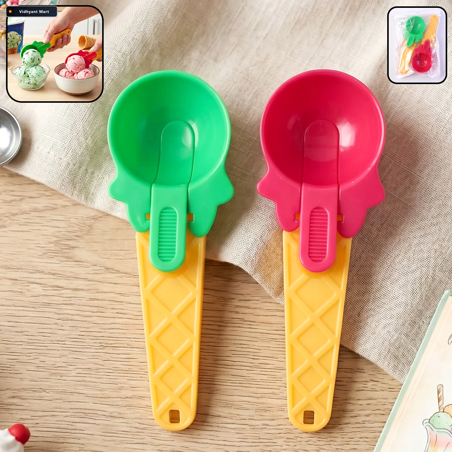 Vidhyant Mart Ice Cream Scoop Set Easy Release 2 Pc Plastic Quic 3