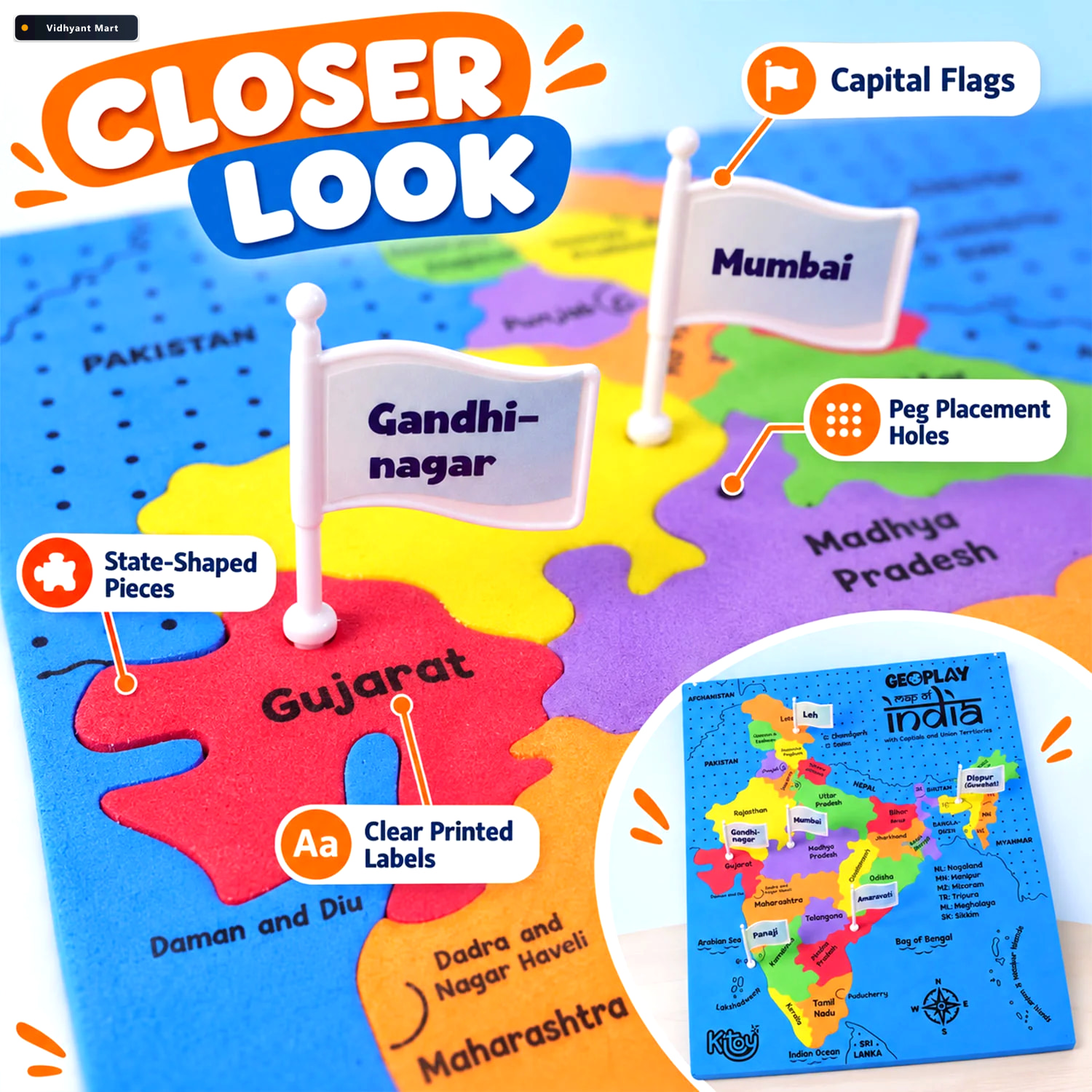 Vidhyant Mart India Map Geography Learning Puzzle With State Pie 3