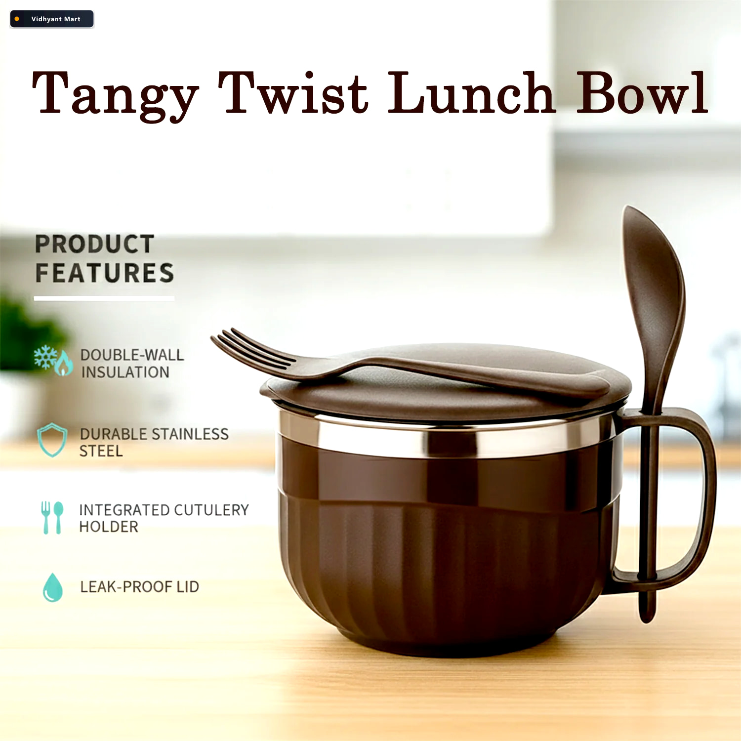 Vidhyant Mart Insulated Lunch Bowl 650ml Leak Proof With Cutlery 3