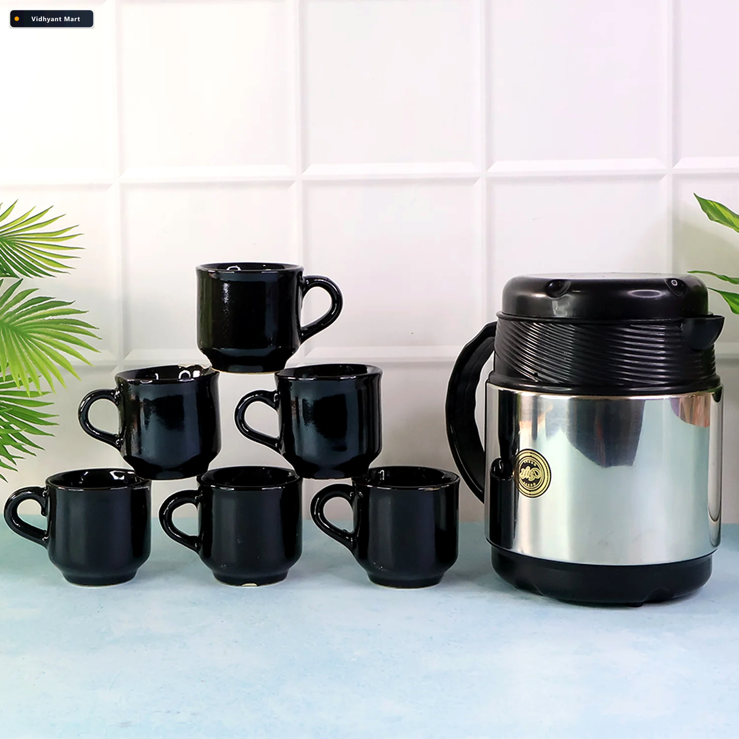 Vidhyant Mart Insulated Thermos Flask With 6 Ceramic Cups Keeps 3