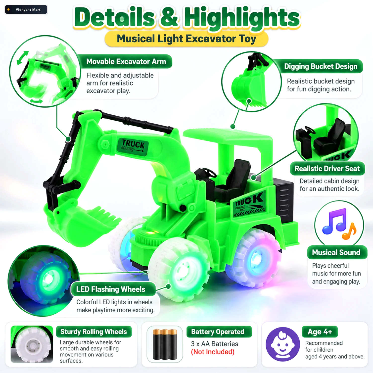 Vidhyant Mart Jcb Musical Excavator Truck Toy With Rgb Led Light 2