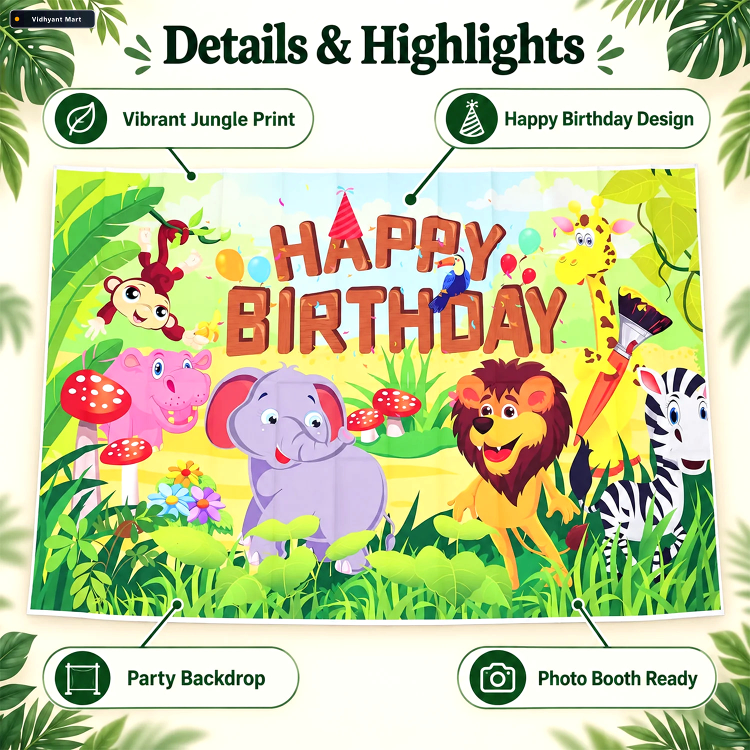 Vidhyant Mart Jungle Animal Happy Birthday Backdrop Curtain For 3