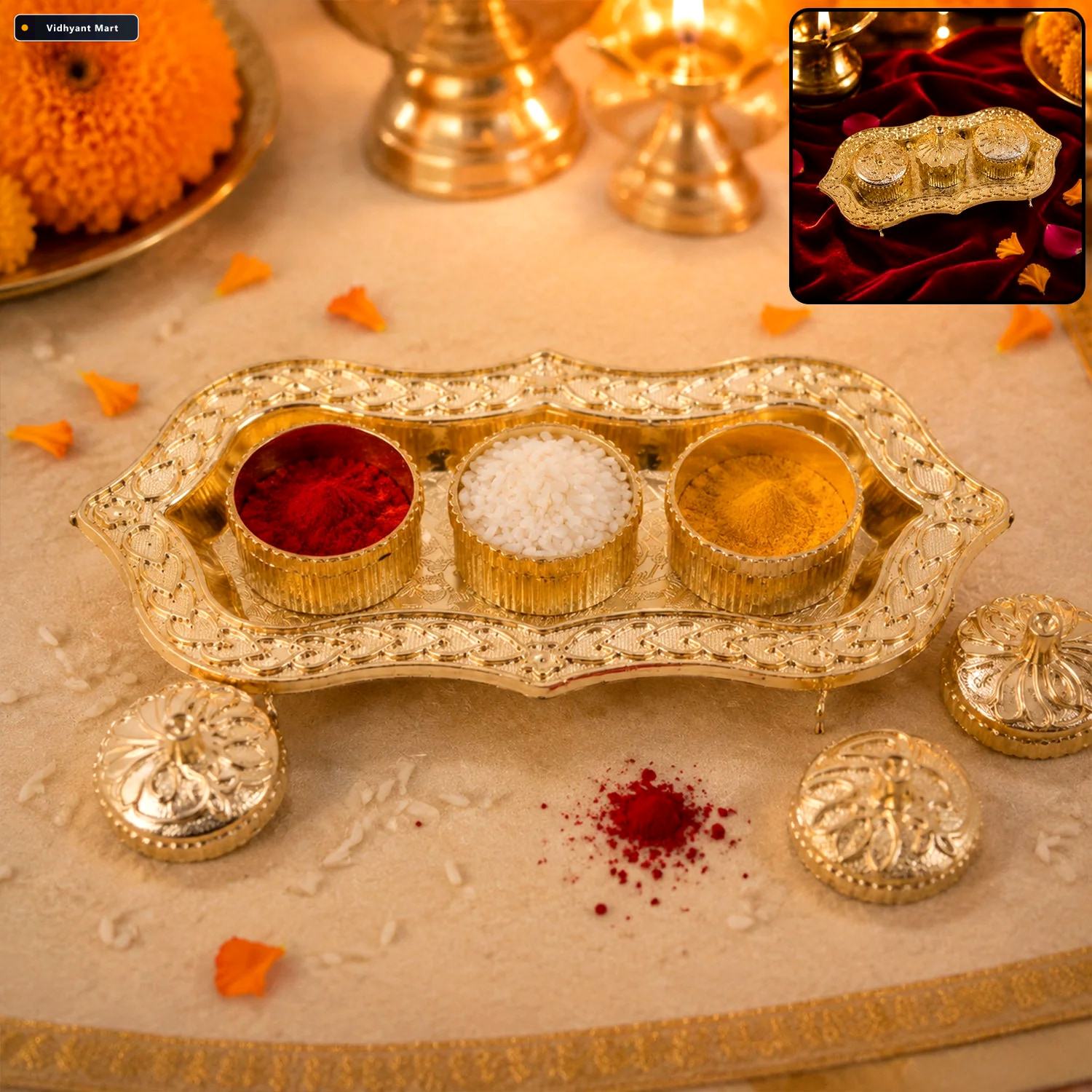 Vidhyant Mart Kankavati Elegant 3 Compartment Puja Holder For Sa 1