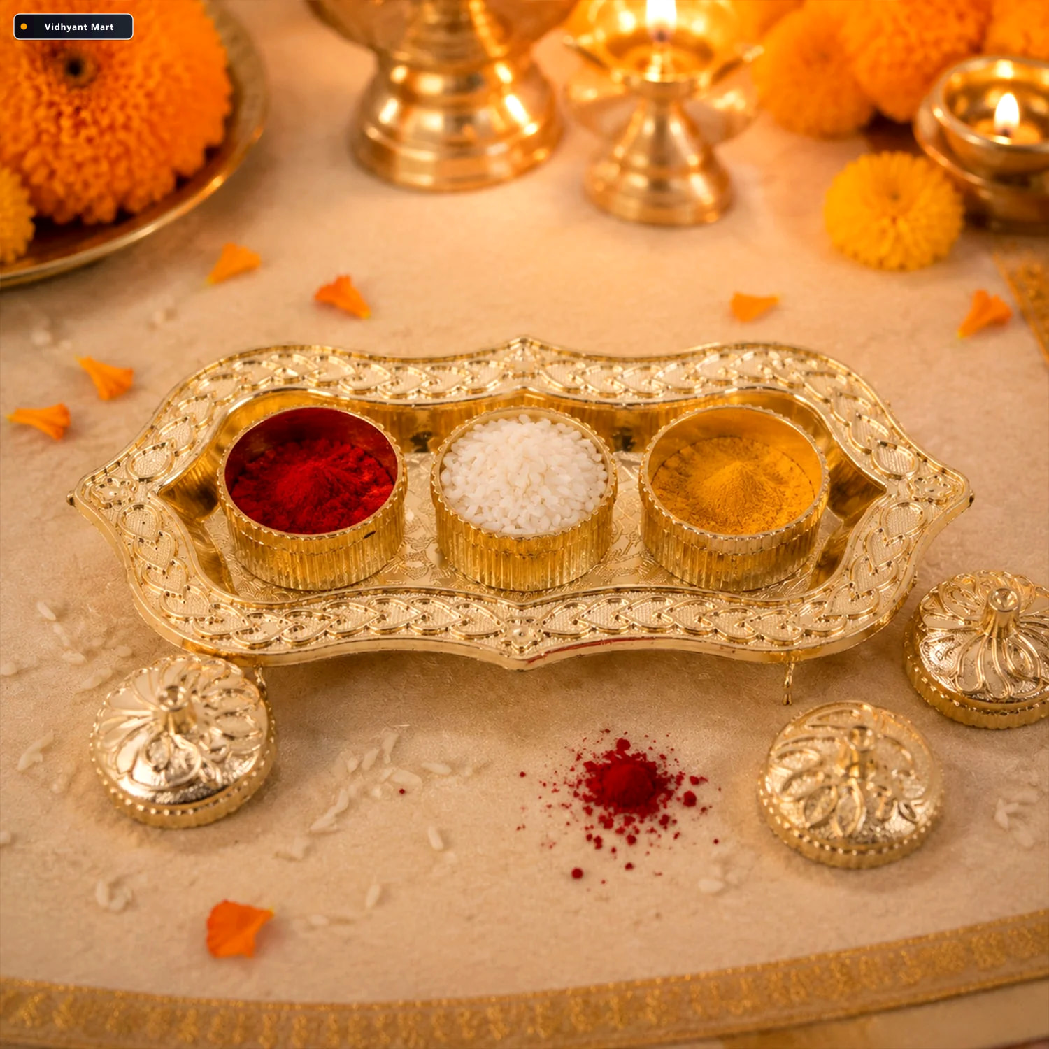 Vidhyant Mart Kankavati Elegant 3 Compartment Puja Holder For Sa 3