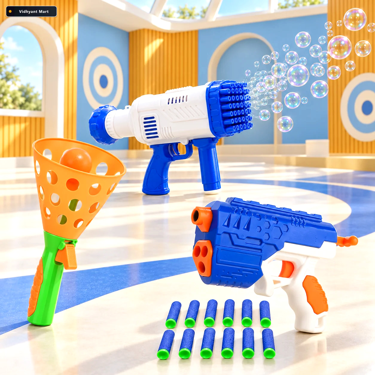Vidhyant Mart Kids Action Play Combo Bubble Blaster Foam Dart Gu 2