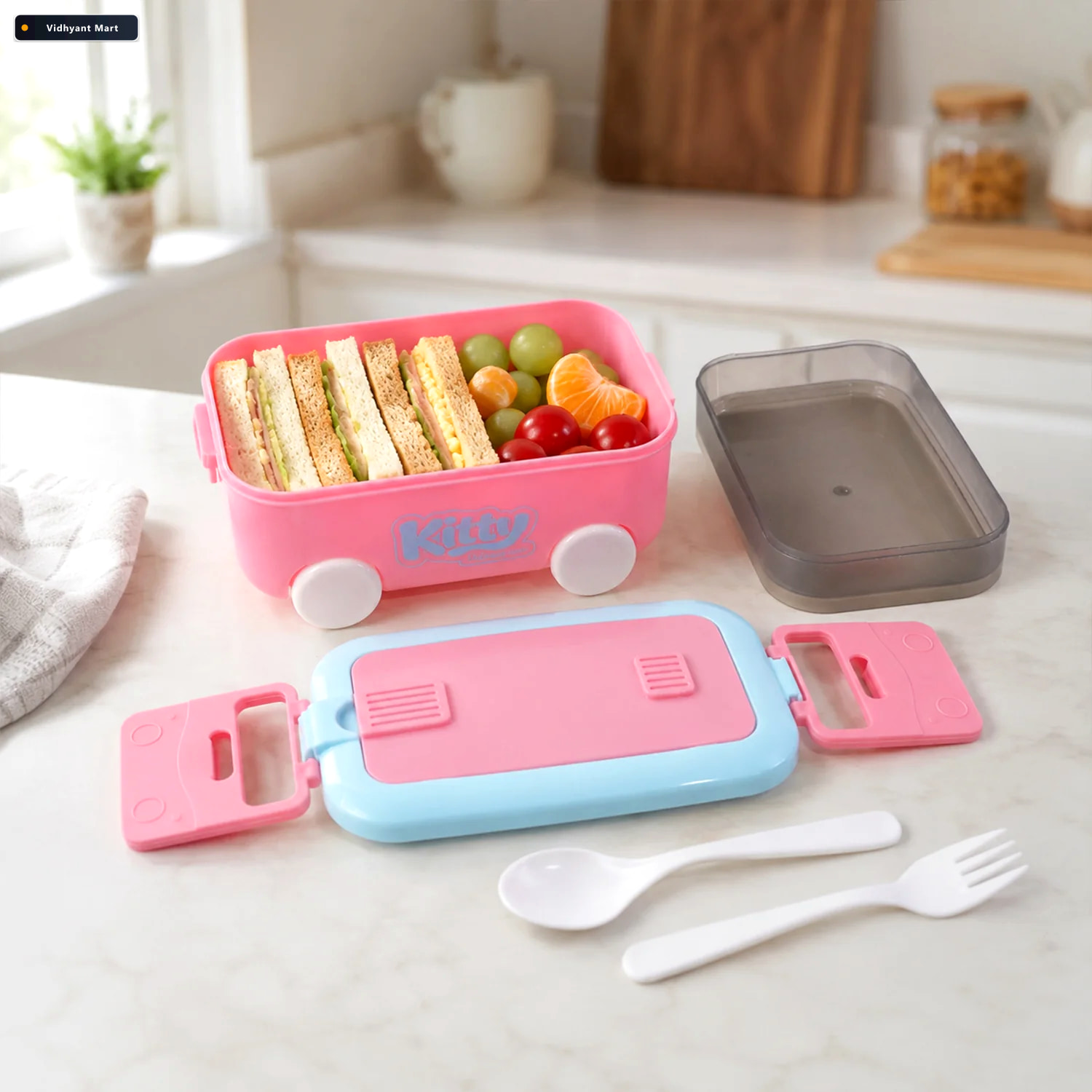 Vidhyant Mart Kids Car Shape Lunch Box With Wheels Fun And Leakp 3