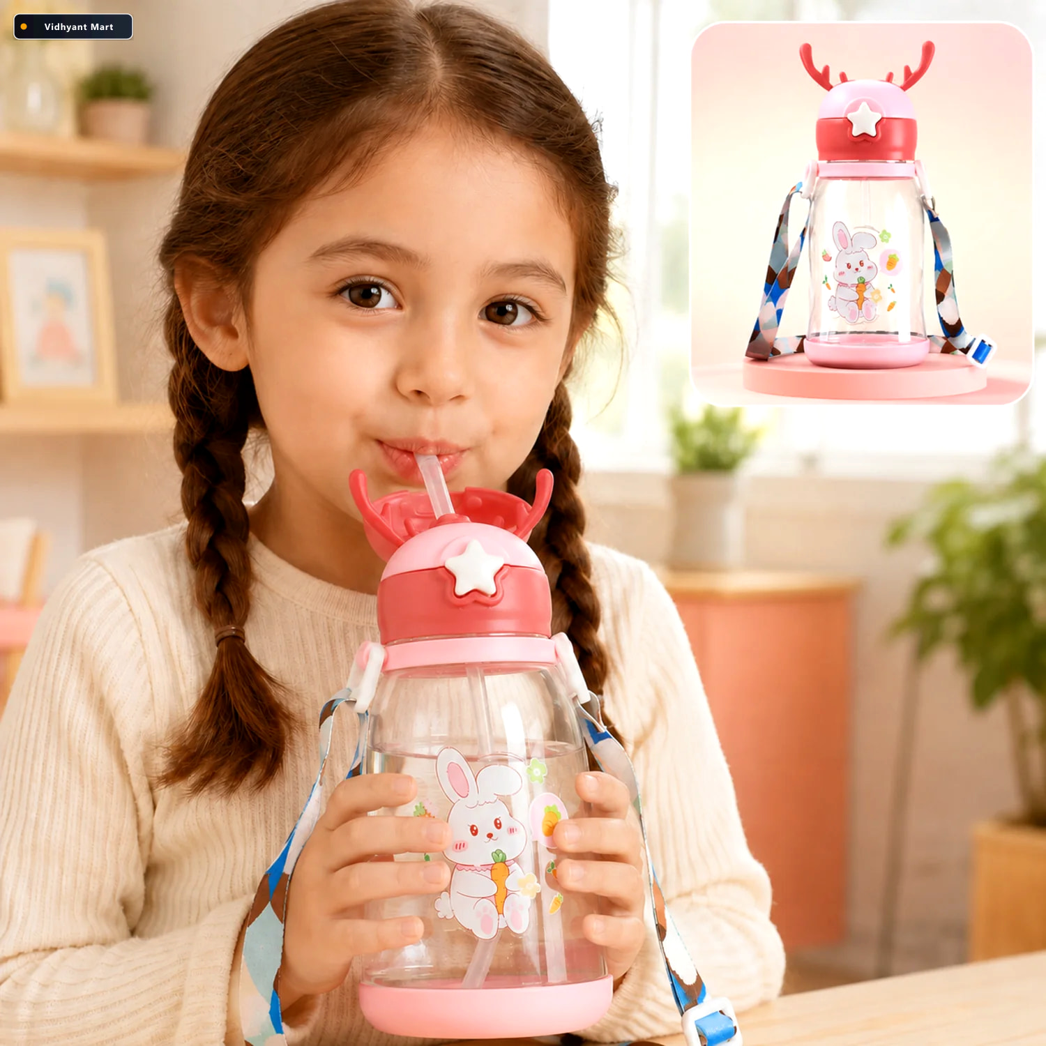 Vidhyant Mart Kids Cartoon Water Bottle Leakproof 450ml With Str 1