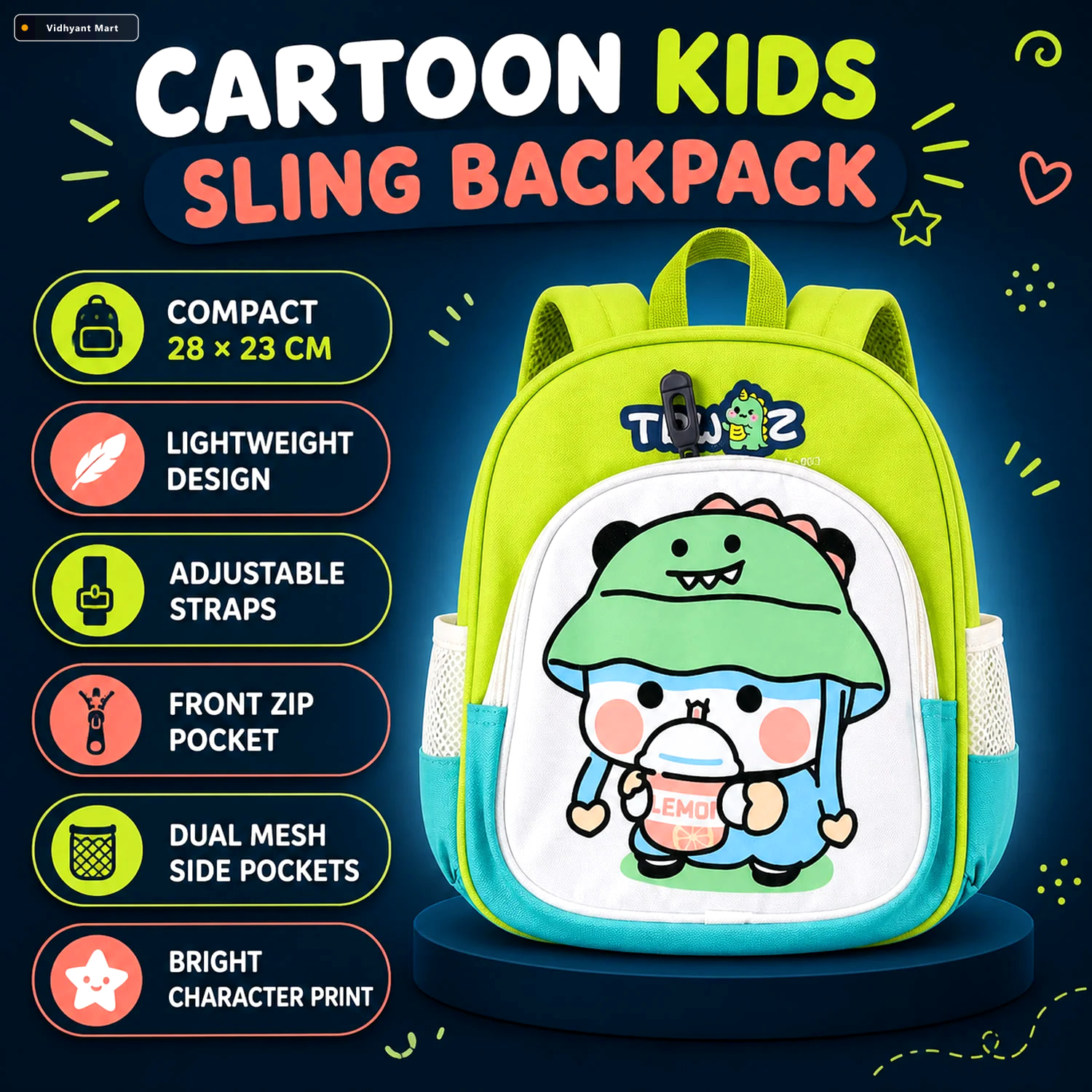 Vidhyant Mart Kids Sling Backpack Lightweight Cartoon Design For 2