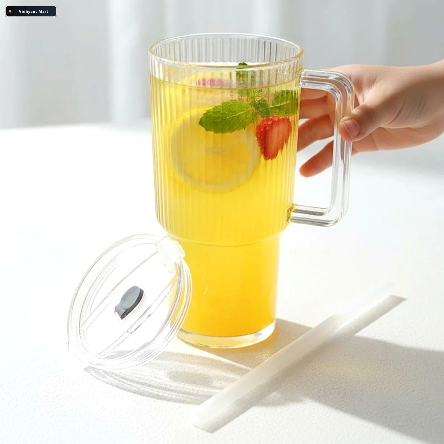 Vidhyant Mart Kids Tumbler 900ml With Handle Lid And Straw Ribbe 3