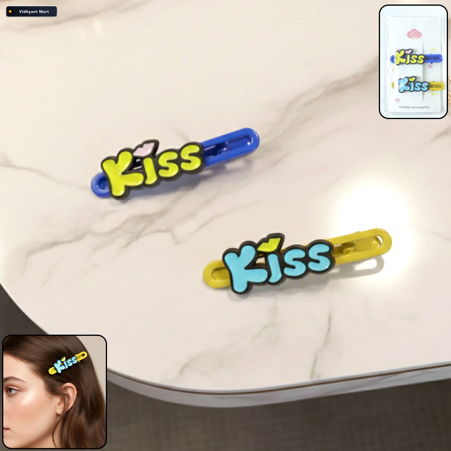Vidhyant Mart Kiss Text Hair Clip Set Cute Playful 2 Piece Snap 1