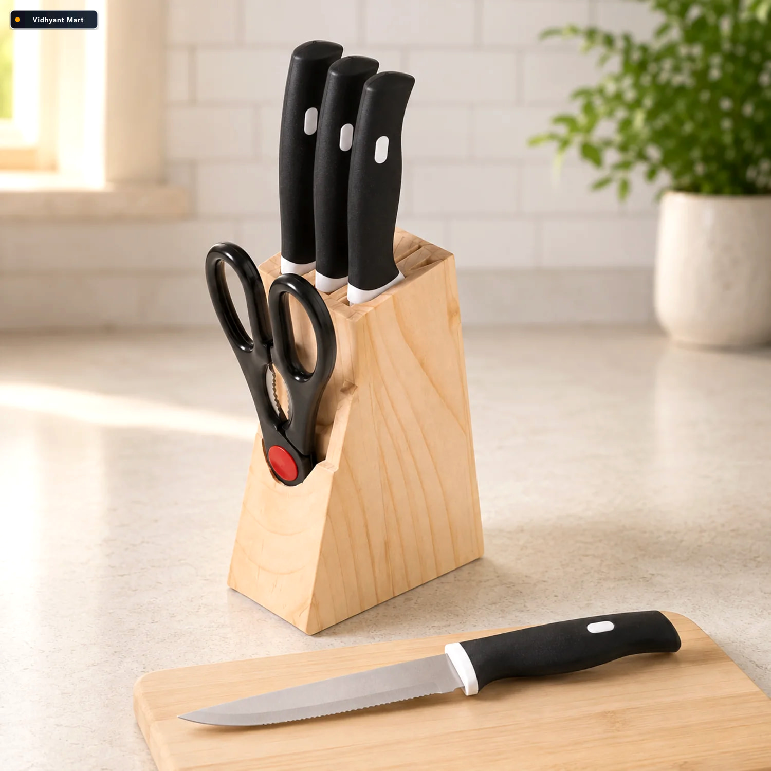 Vidhyant Mart Kitchen Knife Set 5 Piece Black Set With Wooden Bl 1