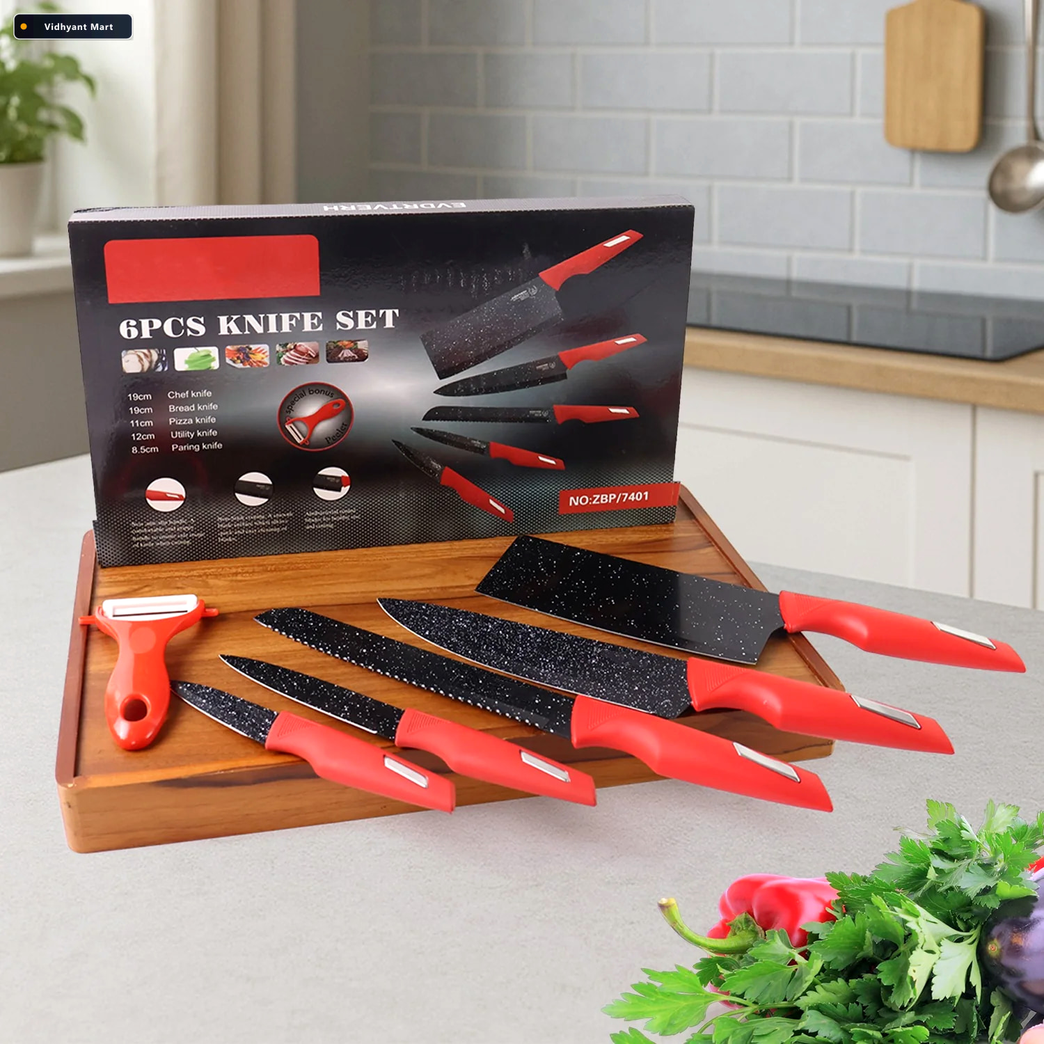 Vidhyant Mart Kitchen Knife Set Marble Coated Blades Ergonomic R 1