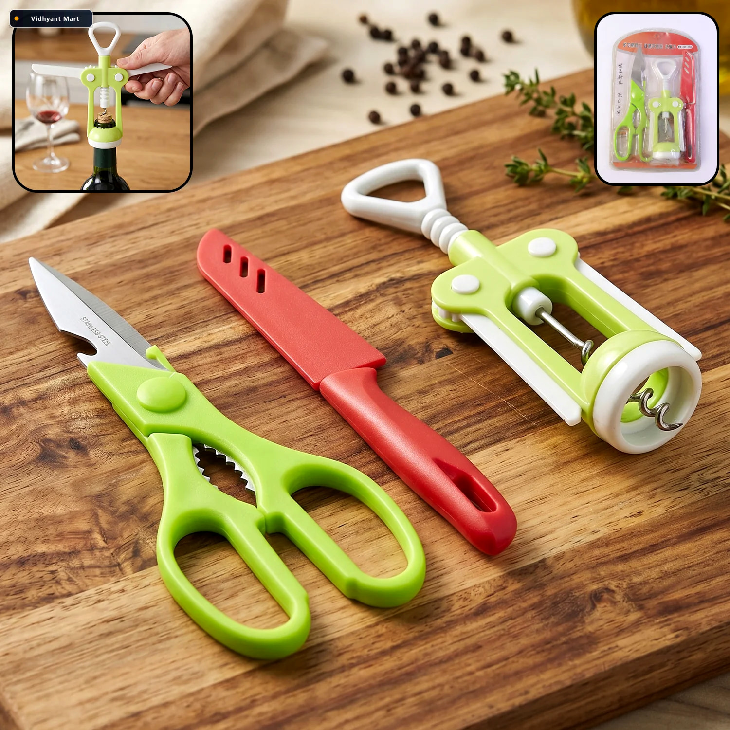 Vidhyant Mart Kitchen Tool Set 3 Pc Wine Opener Knife Scissors Q 1