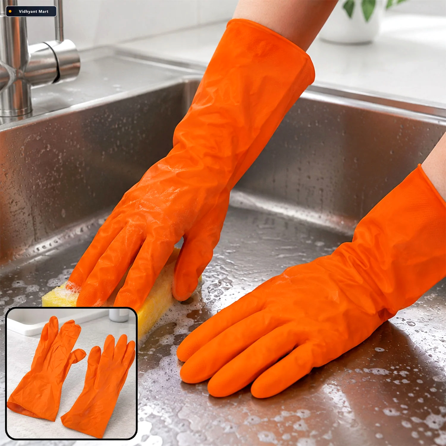 Vidhyant Mart Large Orange Waterproof Rubber Gloves Reusable Kit 1