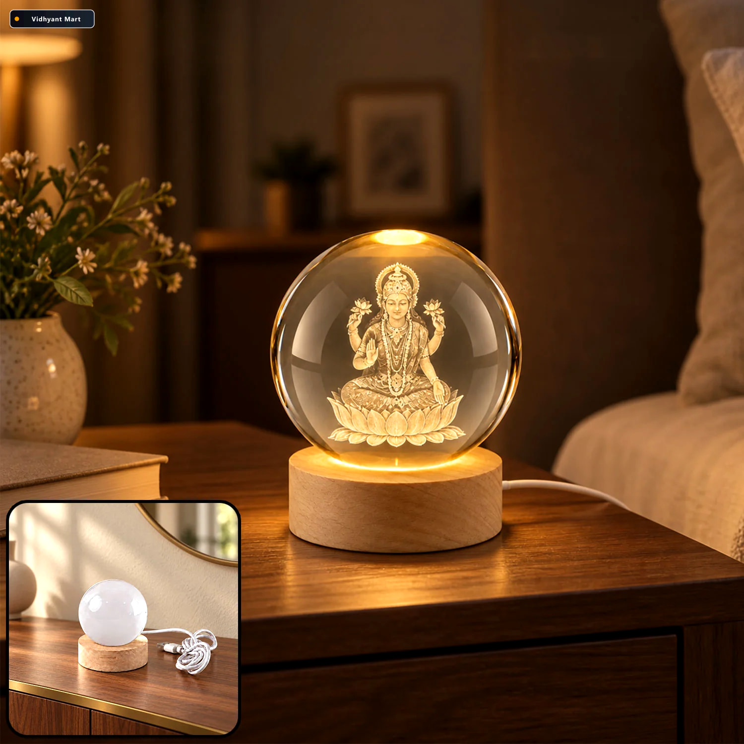 Vidhyant Mart Laxmi Ji 3d Crystal Ball Lamp With Wooden Led Base 1