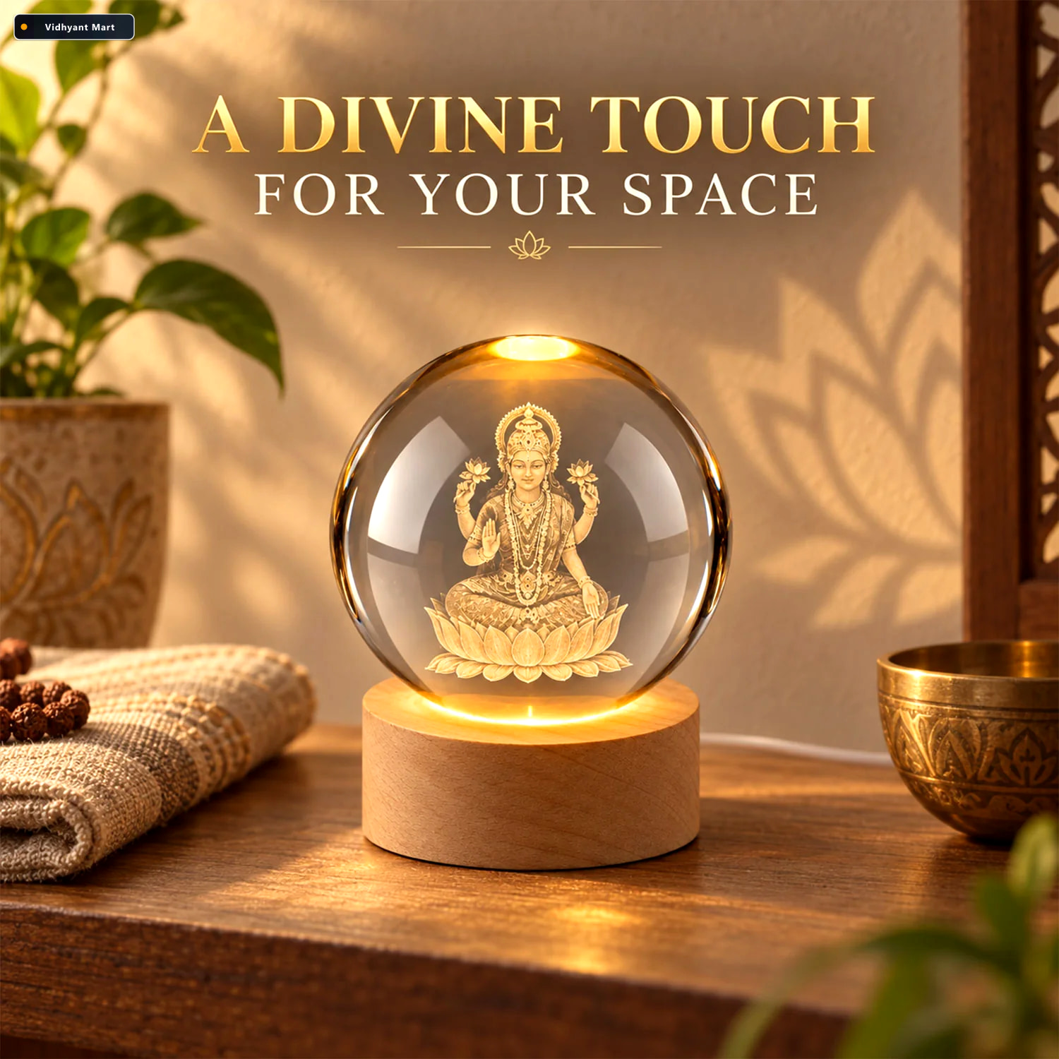 Vidhyant Mart Laxmi Ji 3d Crystal Ball Lamp With Wooden Led Base 2