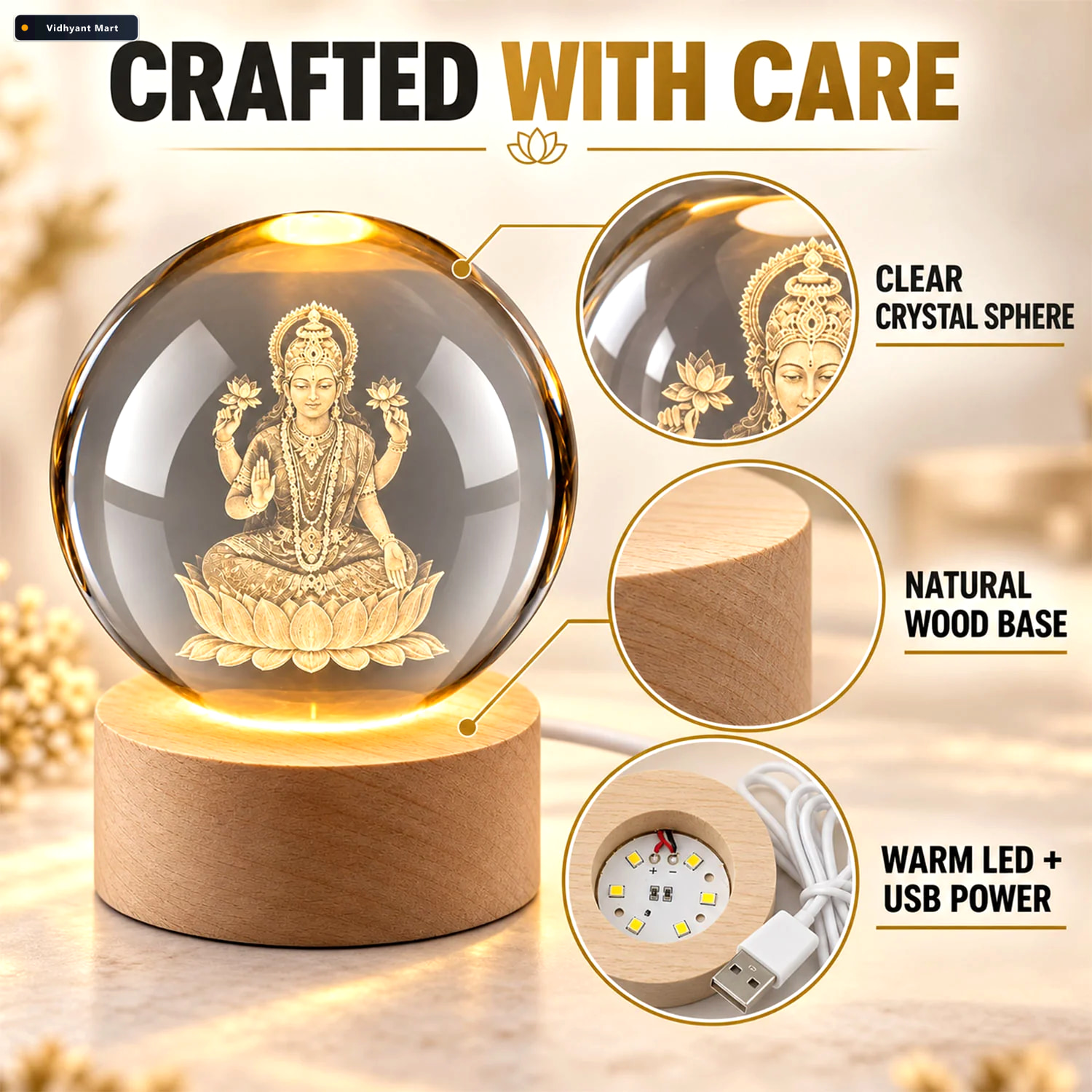 Vidhyant Mart Laxmi Ji 3d Crystal Ball Lamp With Wooden Led Base 3
