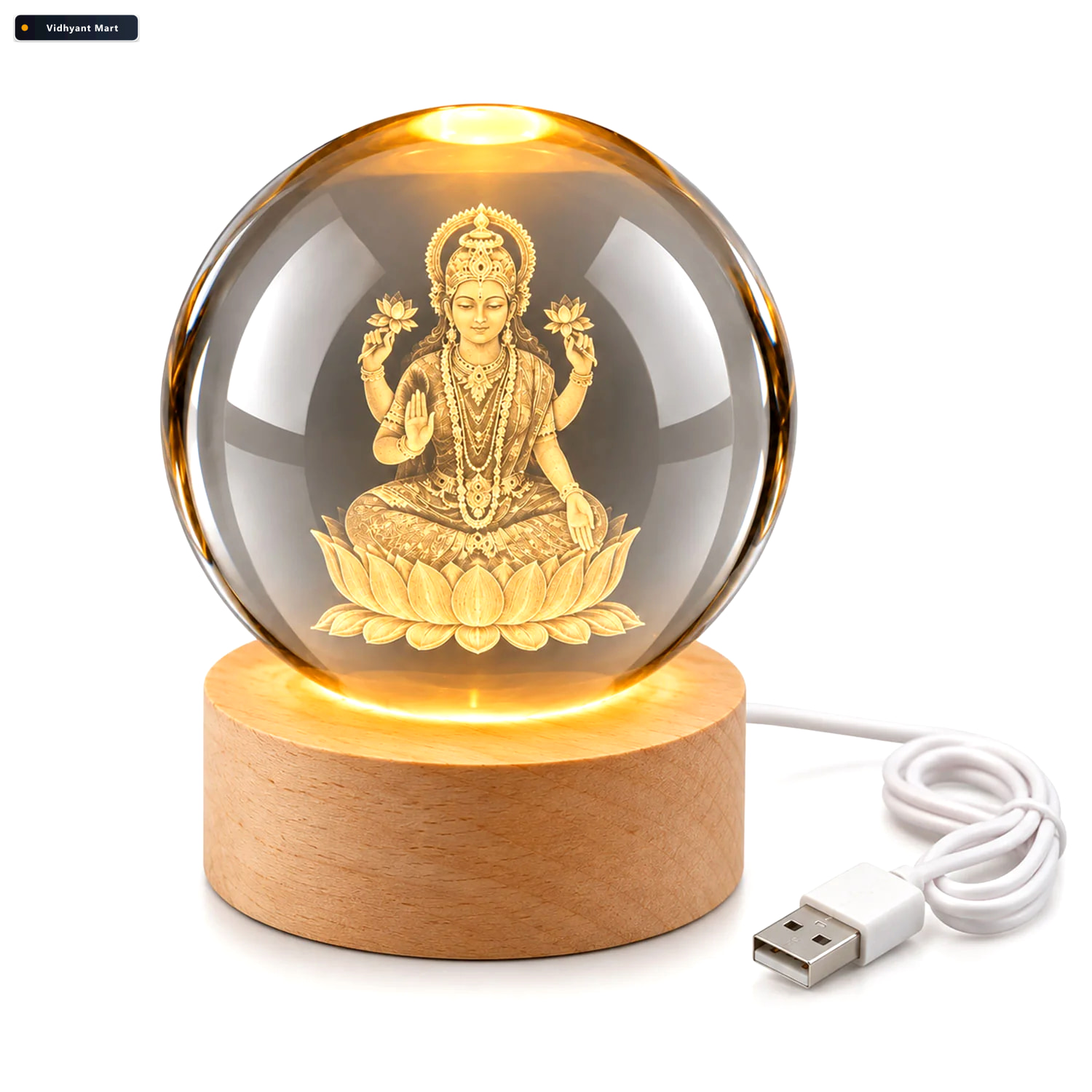 Vidhyant Mart Laxmi Ji 3d Crystal Ball Lamp With Wooden Led Base 4