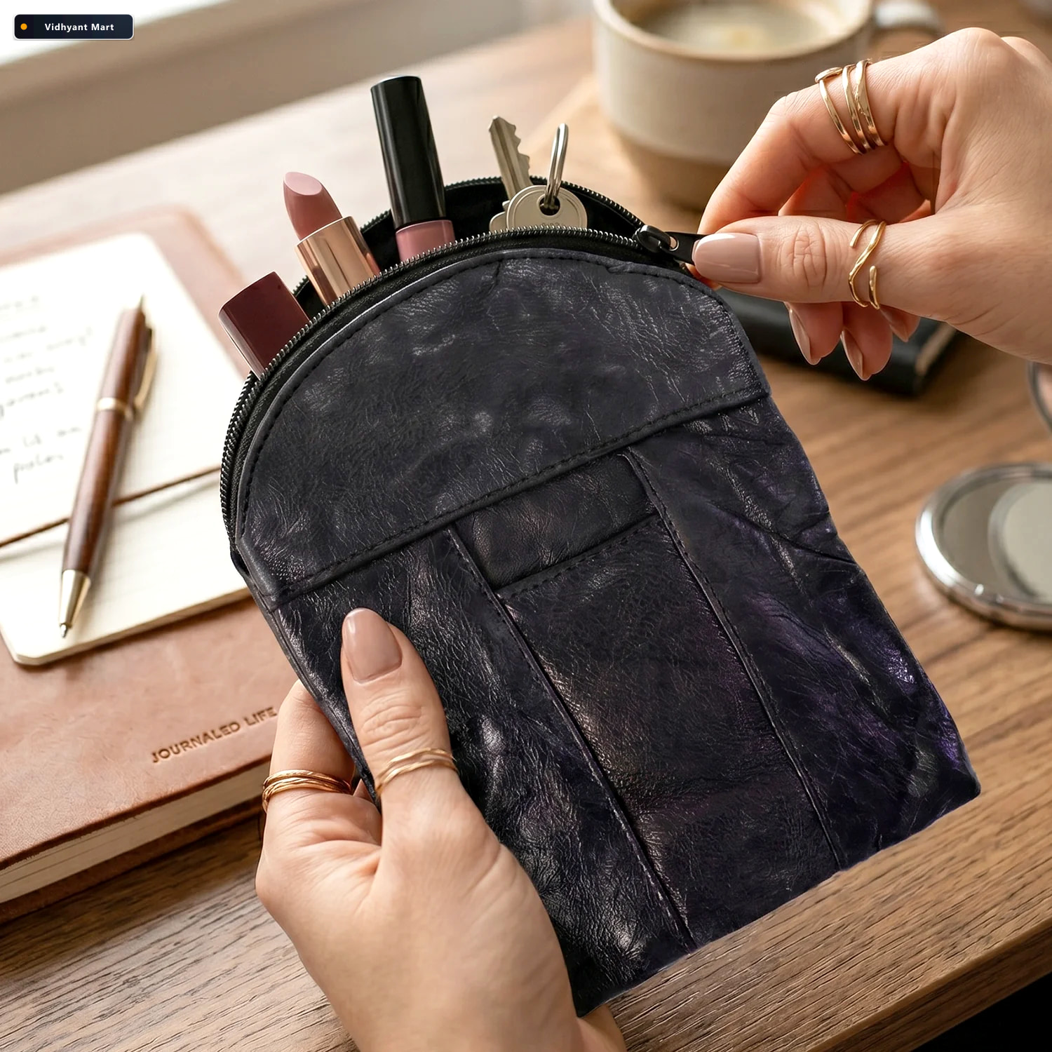 Vidhyant Mart Leather Mini Zipper Pouch Compact Coin Card Organi 1