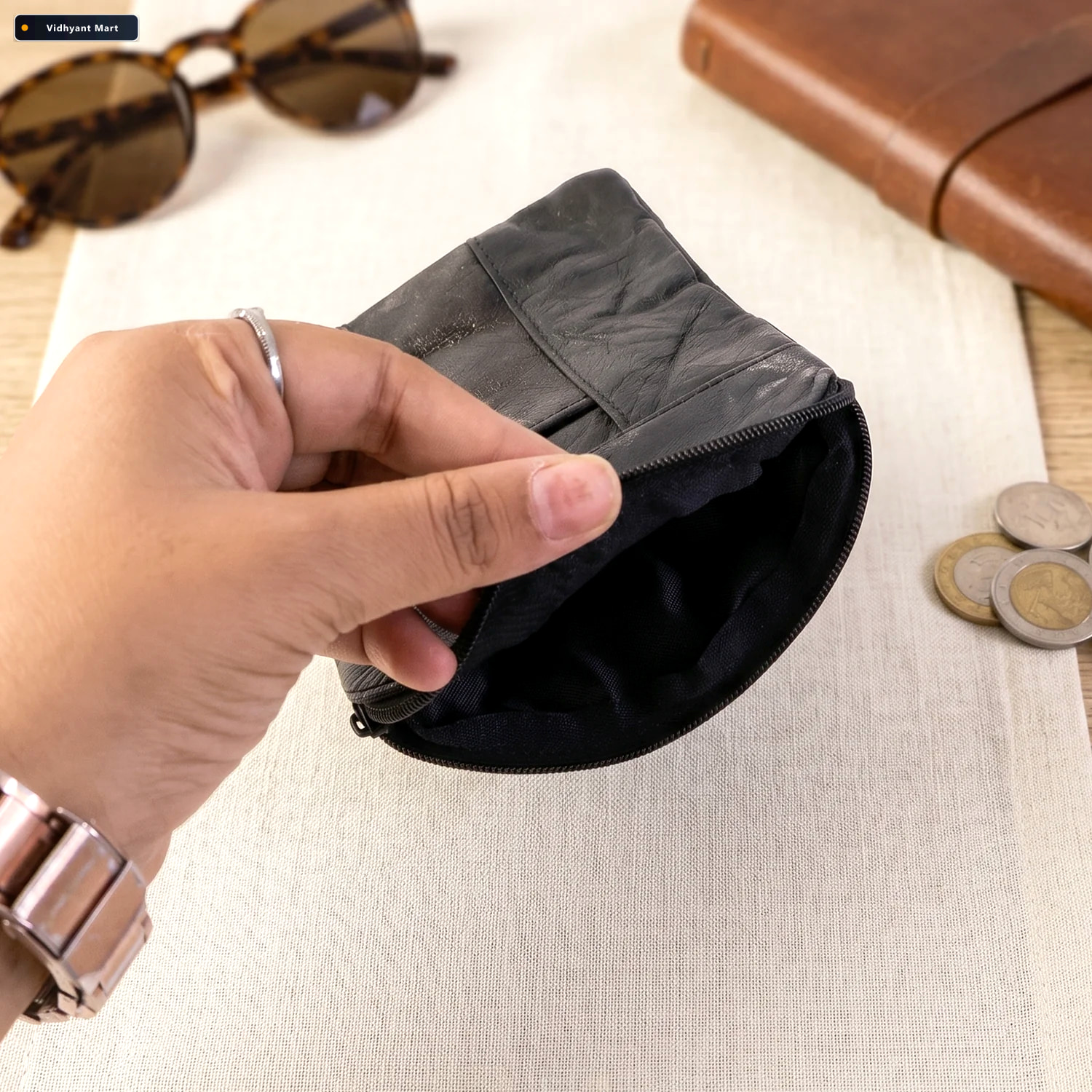 Vidhyant Mart Leather Mini Zipper Pouch Compact Coin Card Organi 2