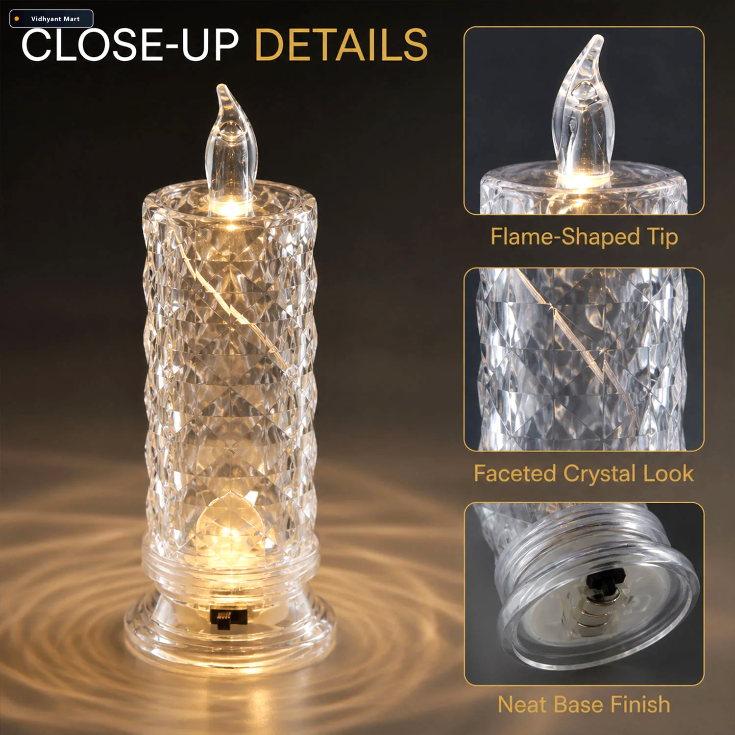 Vidhyant Mart Led Crystal Candle Light Flameless Safe Decorative 4
