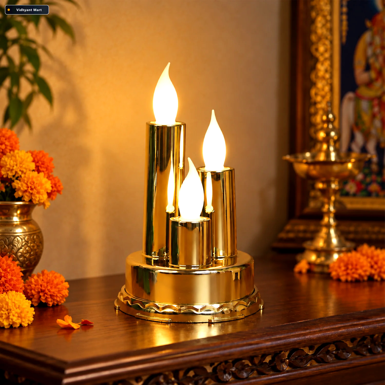 Vidhyant Mart Led Flameless Candle Lamp Triple Candle Design Gol 1