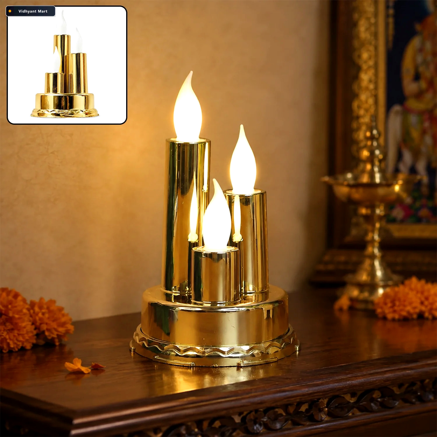 Vidhyant Mart Led Flameless Candle Lamp Triple Candle Design Gol 2